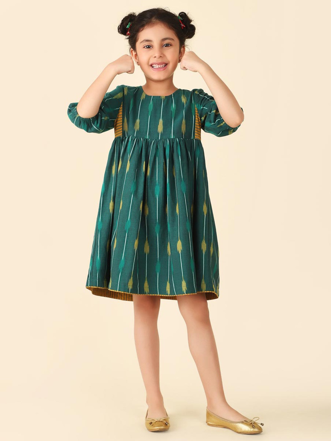 

Fabindia Cotton Floral Print Puff Sleeve Fit & Flare Dress, Green