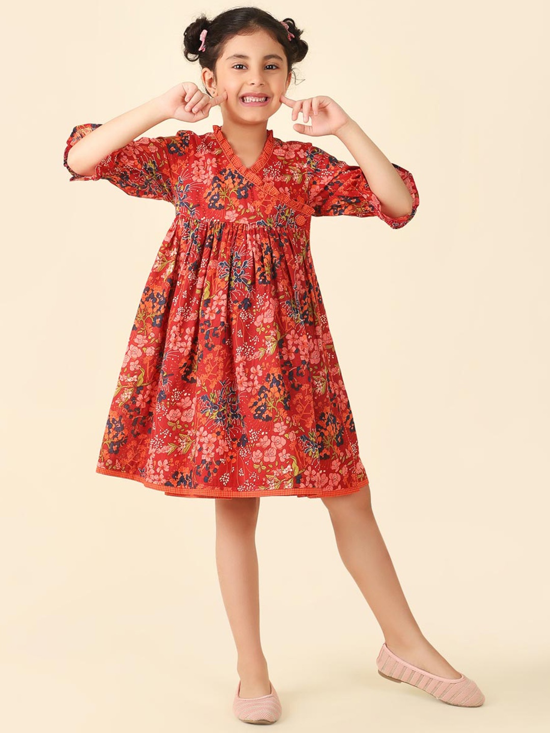 

Fabindia Cotton Floral Printed V-Neck Puff Sleeve A-Line Dress, Red