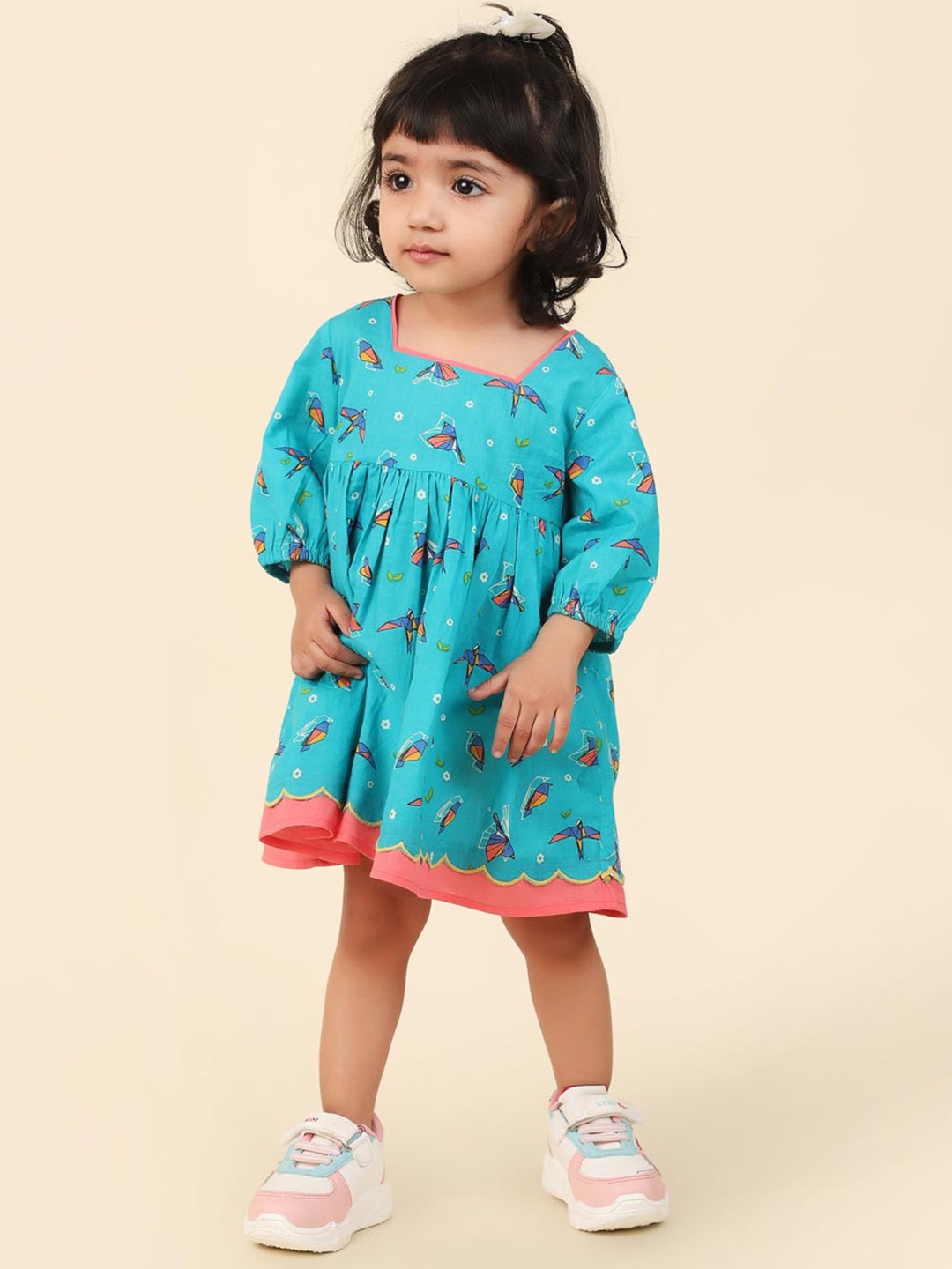 

Fabindia Floral Printed Square Neck Cotton A-Line Dress, Blue