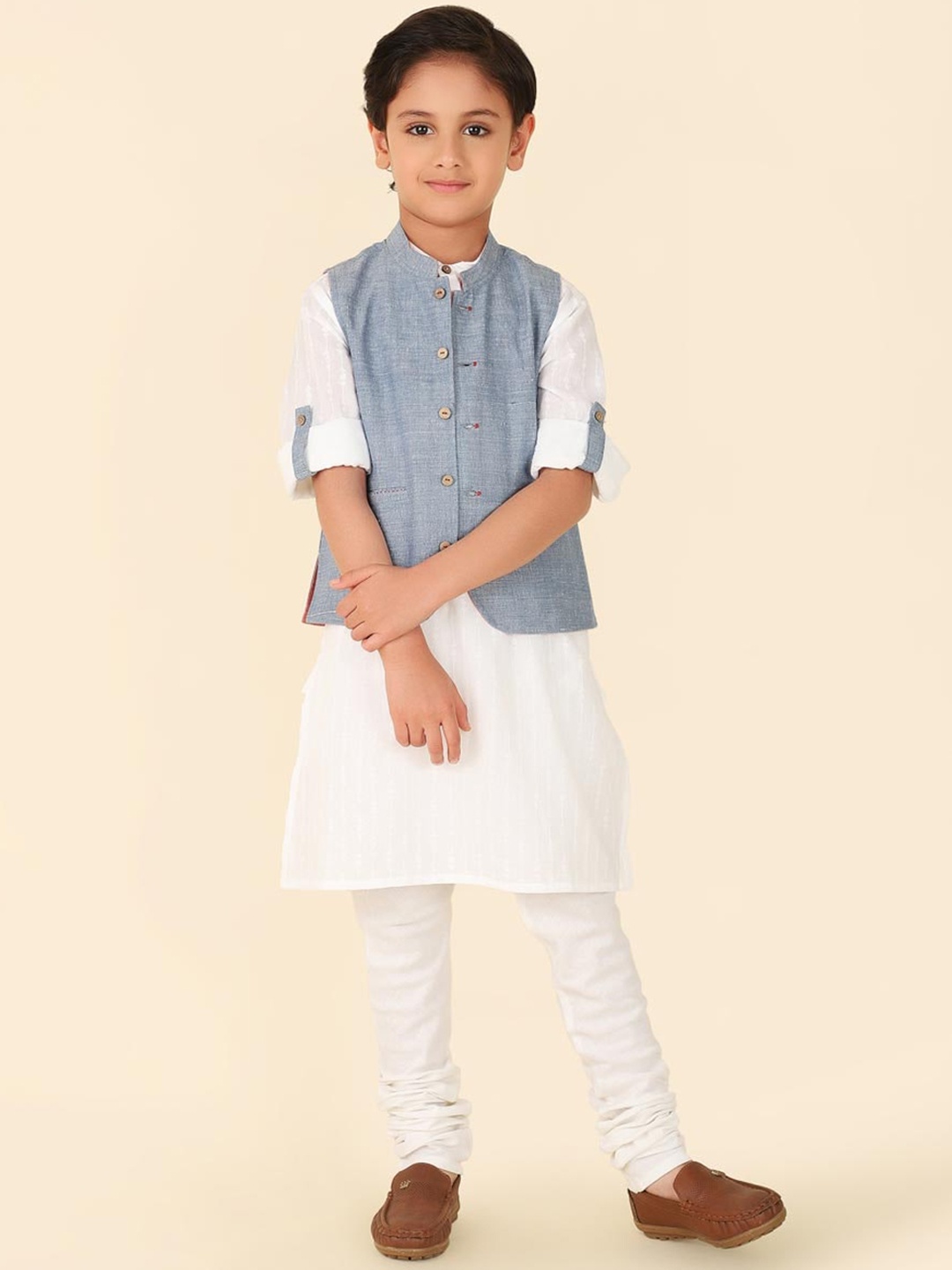 

Fabindia Boys Woven Design Mandarin Collar Pure Cotton Straight Kurta With Churidar, White