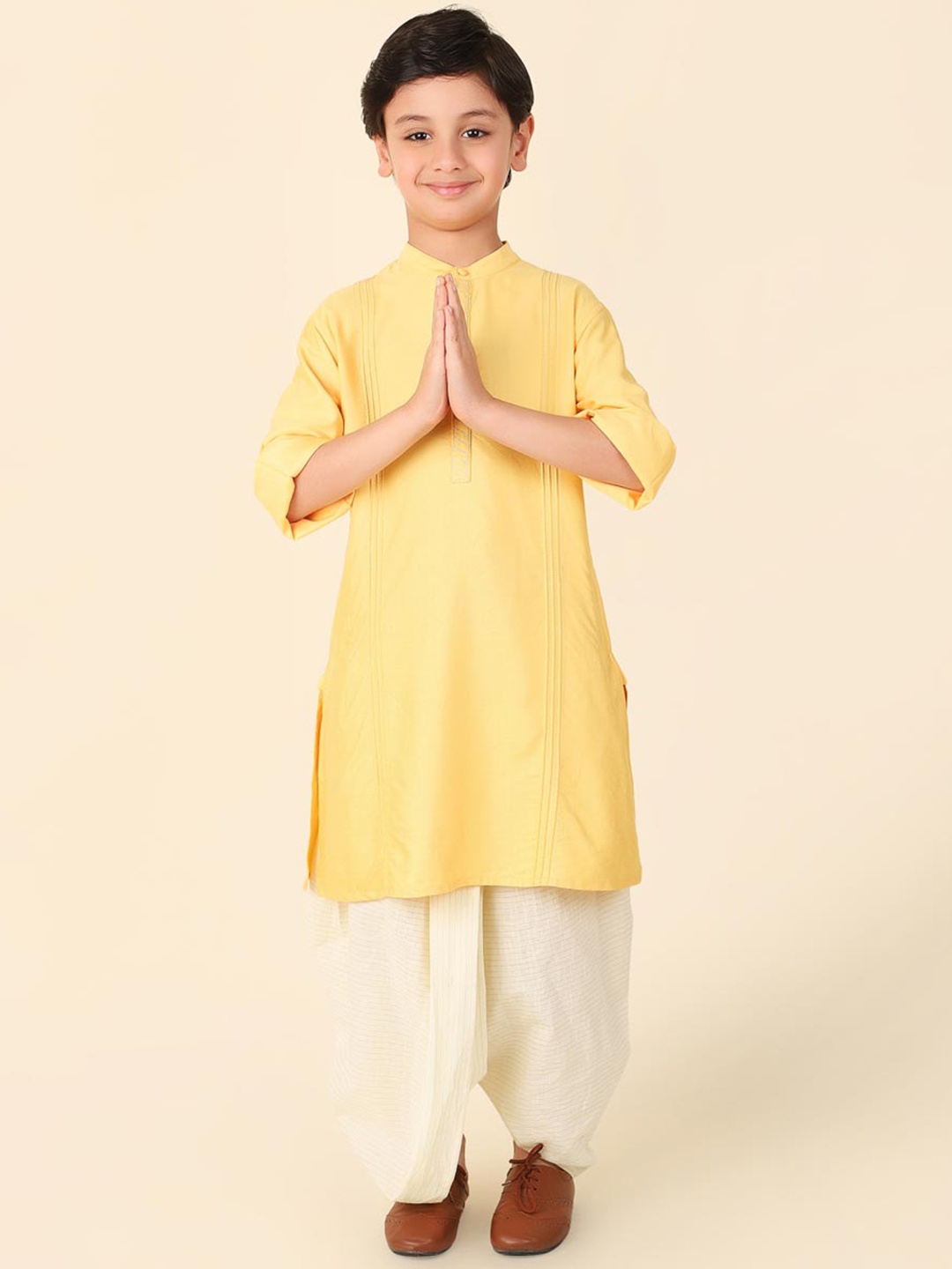 

Fabindia Boys Mandarin Collar Thread Work Straight Kurta With Dhoti Pant, Yellow