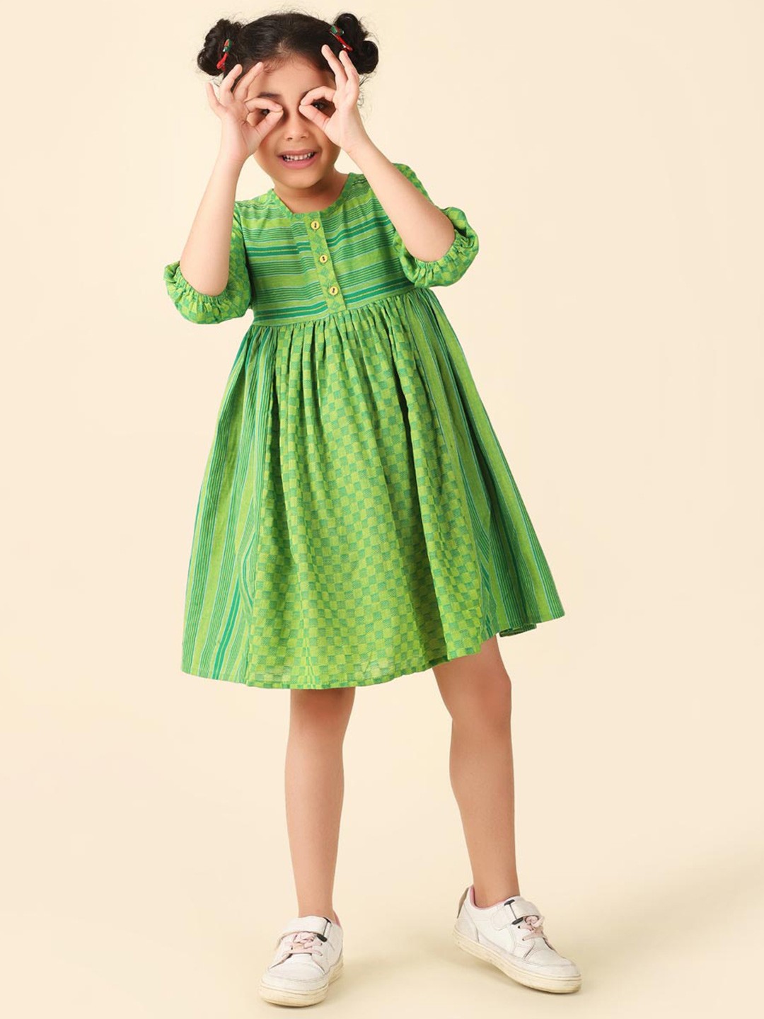 

Fabindia Girls Striped Empire Cotton Dress, Green