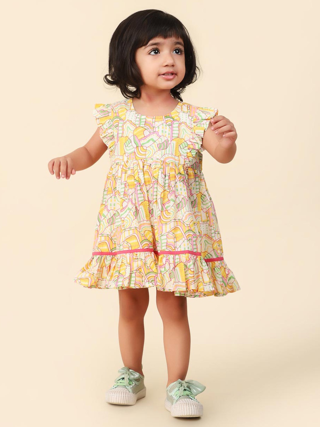 

Fabindia Infants Girls Floral Printed Cotton A-Line Dress, Beige