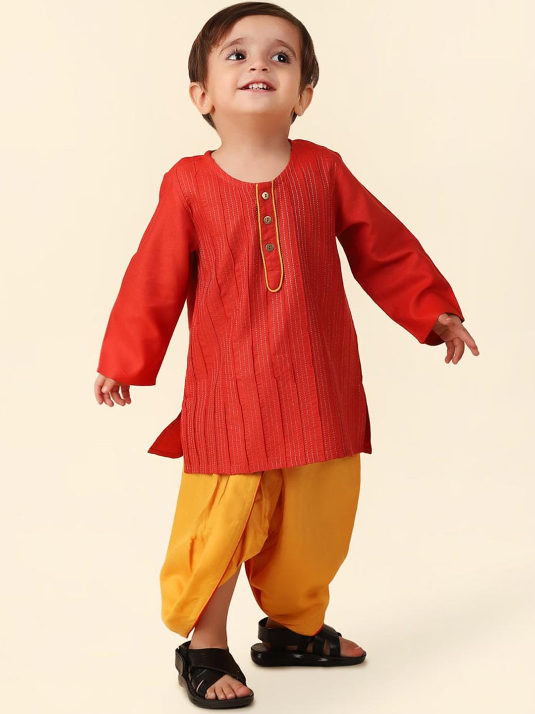 

Fabindia Boys Striped Regular Kurta with Dhoti Pants, Red