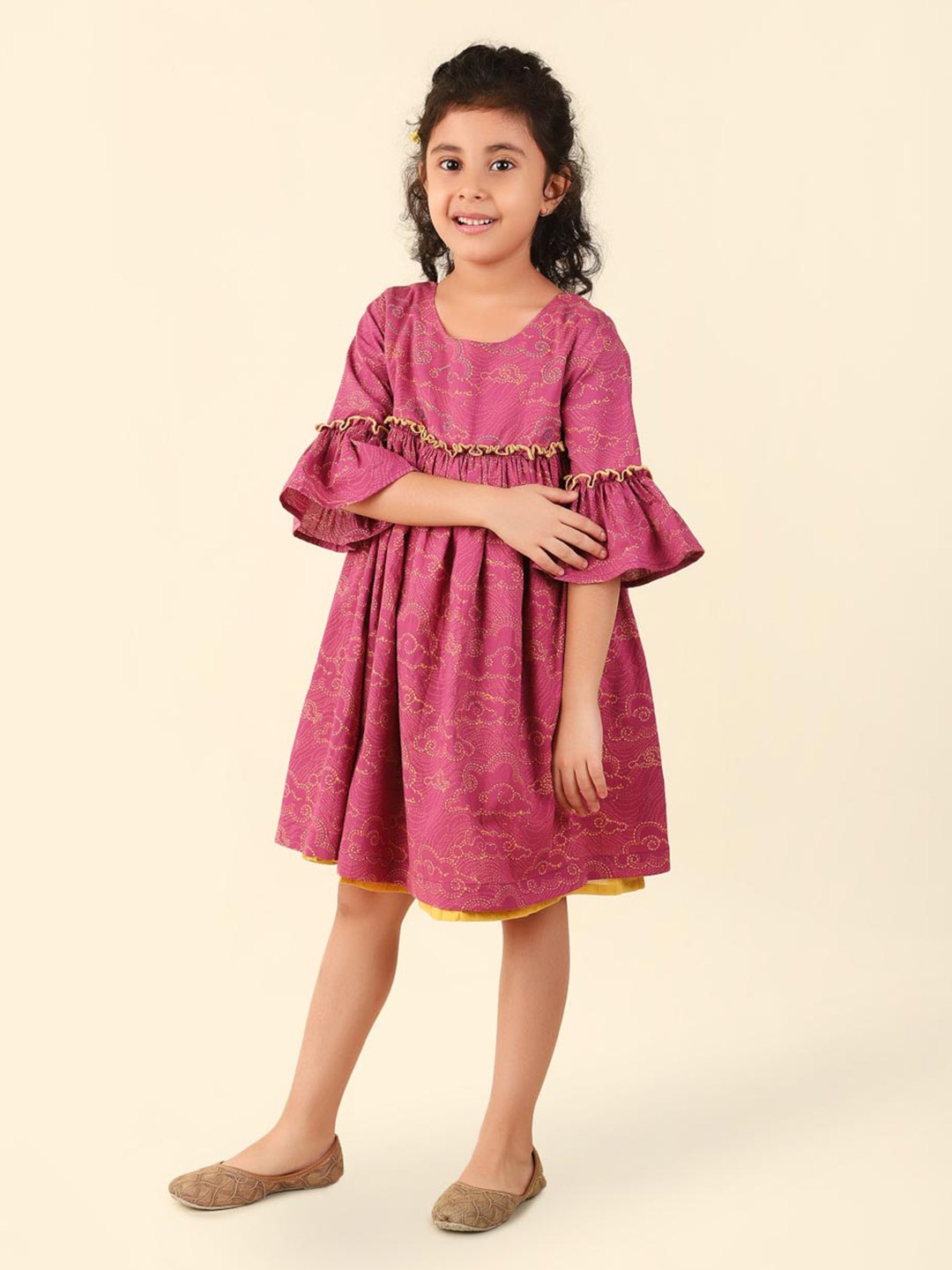 

Fabindia Girls Floral Printed Bell Sleeves Cotton Blouson Dress, Magenta