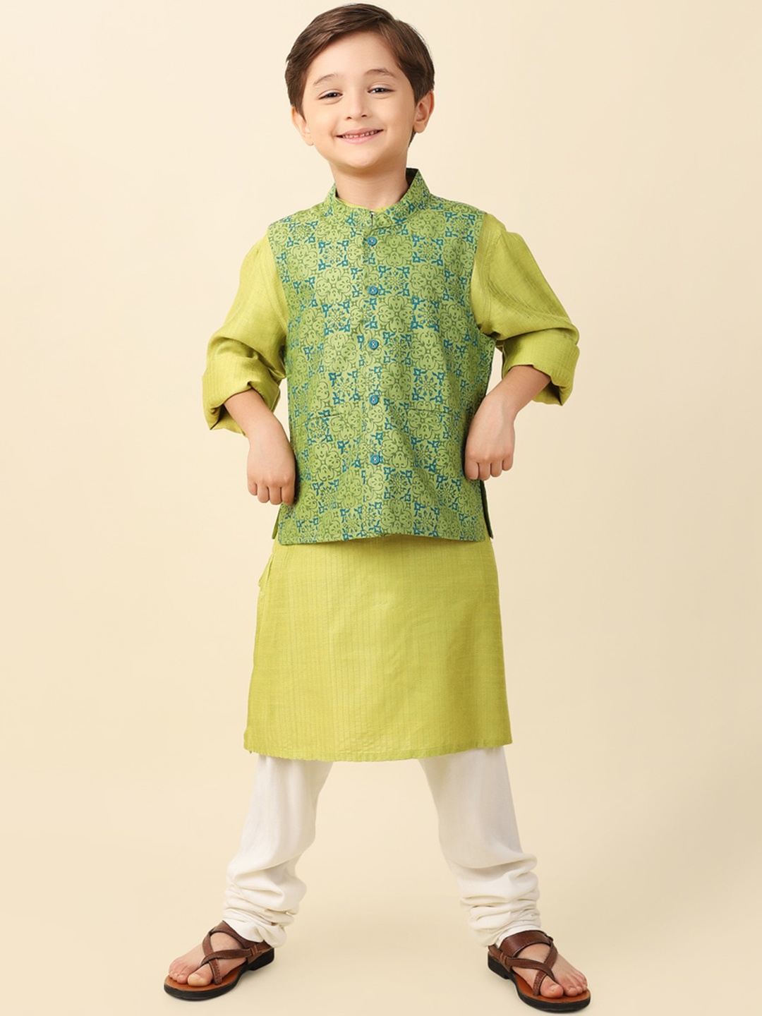 

Fabindia Boys Striped Thread Work Kurta with Churidar And Nehru Jacket, Green