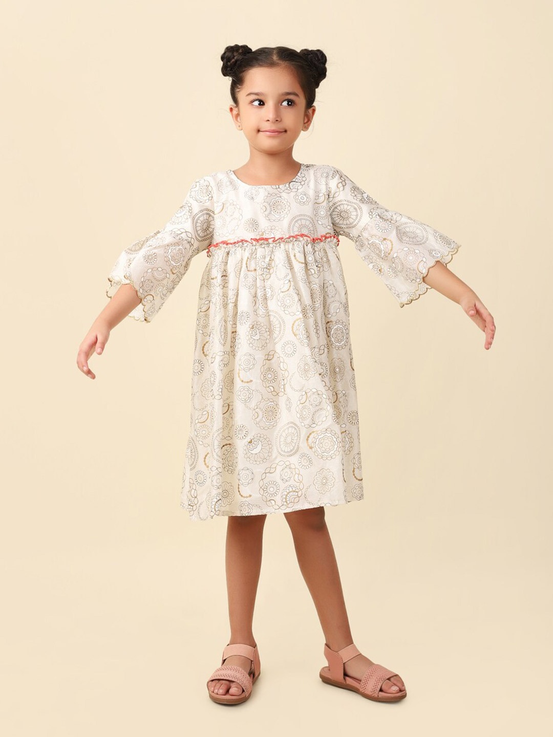 

Fabindia Girls Floral Printed Round Neck Regular Fit Cotton A-Line Dress, Beige