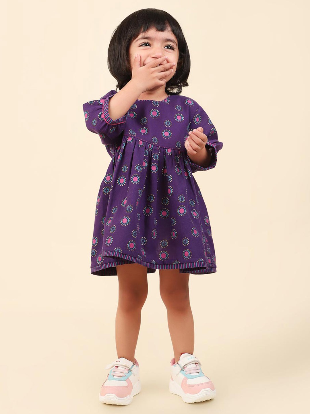 

Fabindia Infinity Polka Dot Printed Round Neck Regular Cotton Fit A-line Dress, Purple