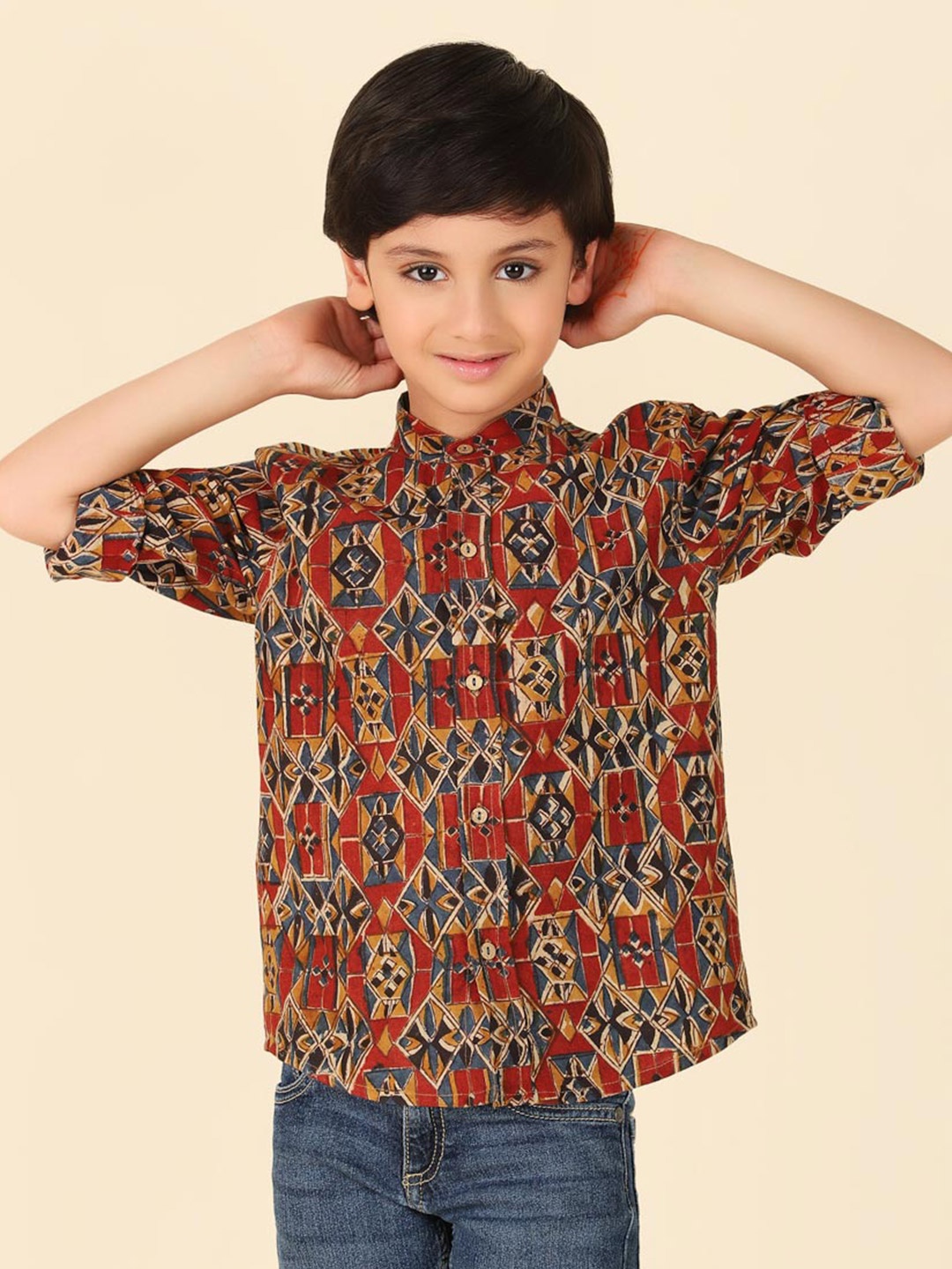 

Fabindia Boys Kalamkari Printed Cotton Casual Shirt, Brown