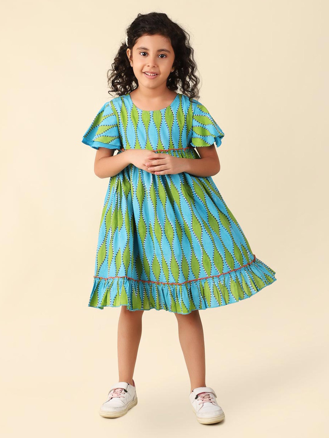 

Fabindia Girls Self Design Printed Round Neck Cotton A-Line Dress, Blue