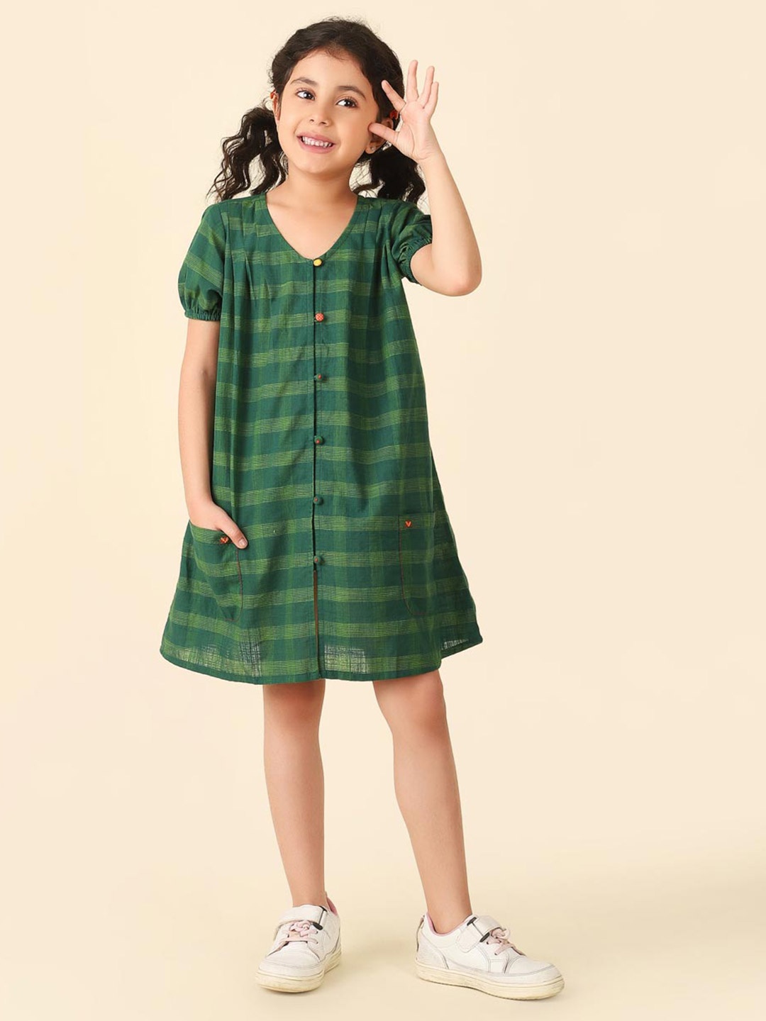 

Fabindia Checked V-Neck Flared Regular Fit Cotton A-Line Dress, Green