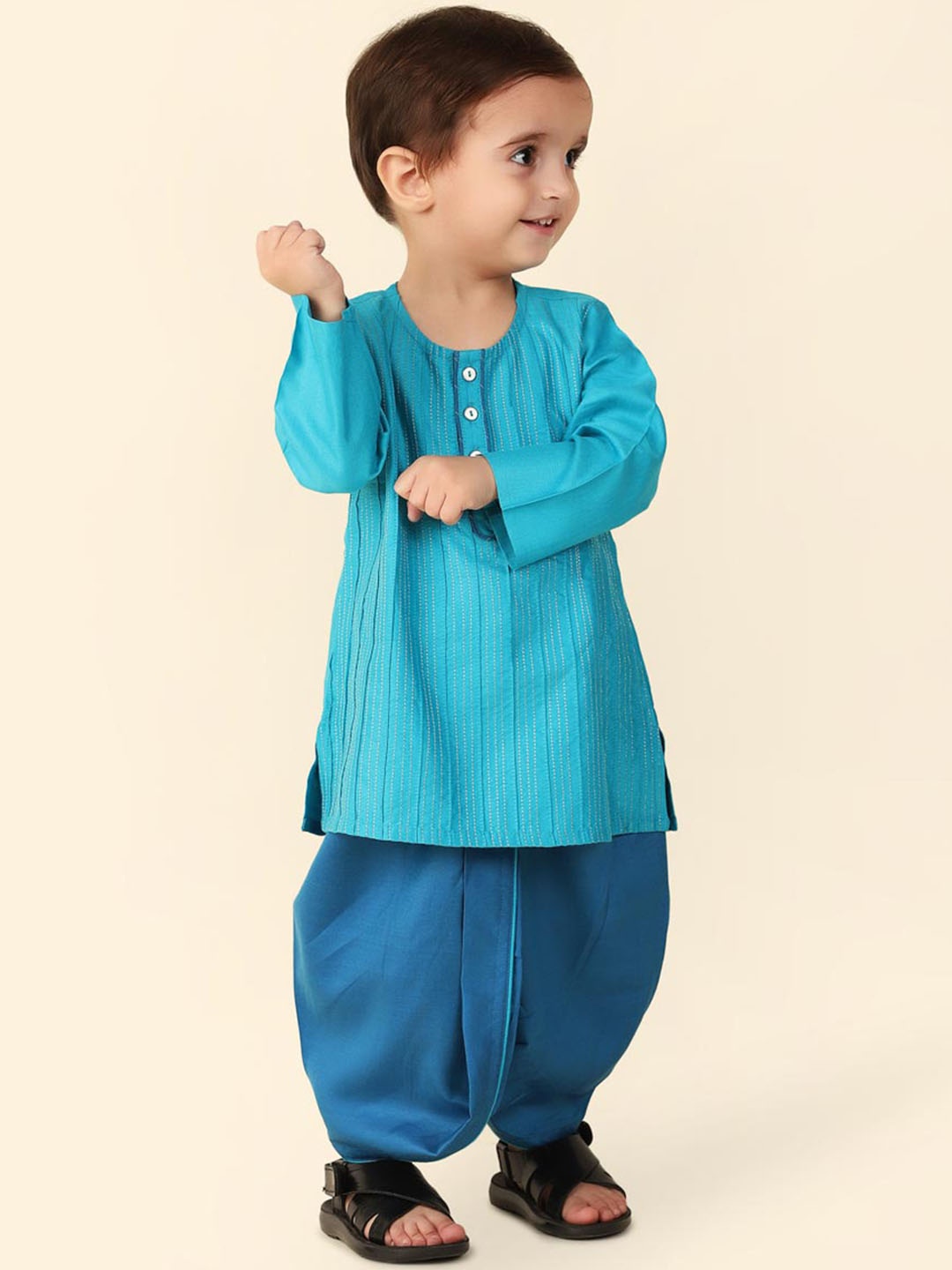 

Fabindia Boys Striped Long Sleeves Kurta with Dhoti Pants, Teal