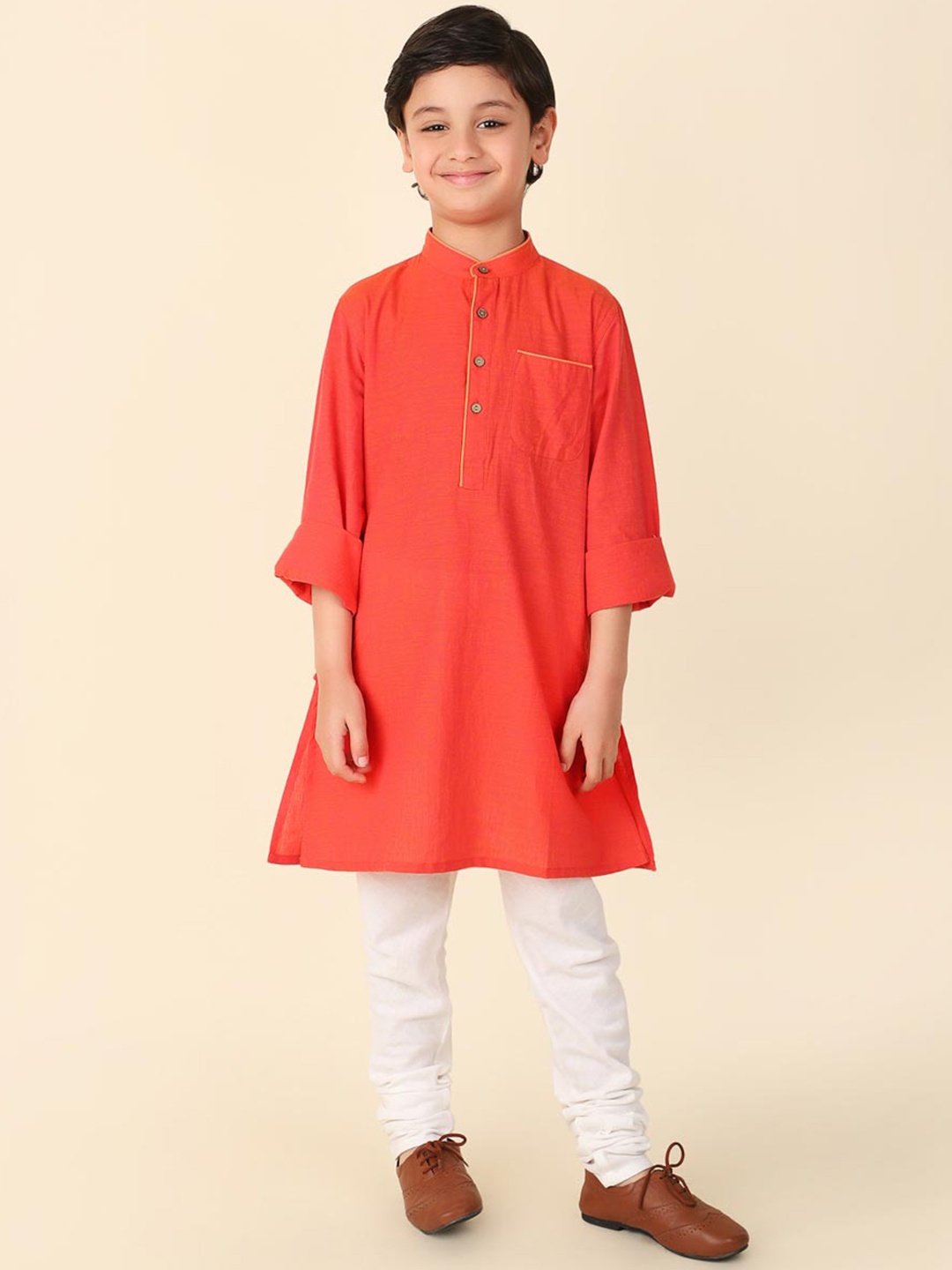 

Fabindia Boys Mandarin Collar Cotton Straight Kurta, Red