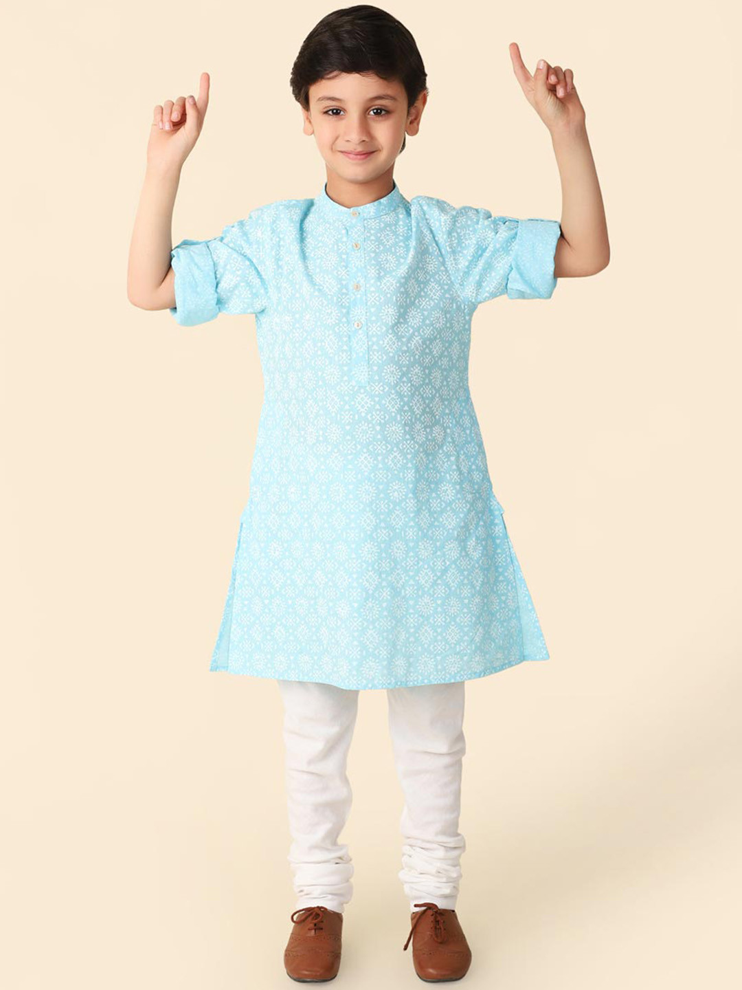 

Fabindia Boys Ethnic Motifs Printed Band Collar Pure Cotton Straight Kurta, Blue