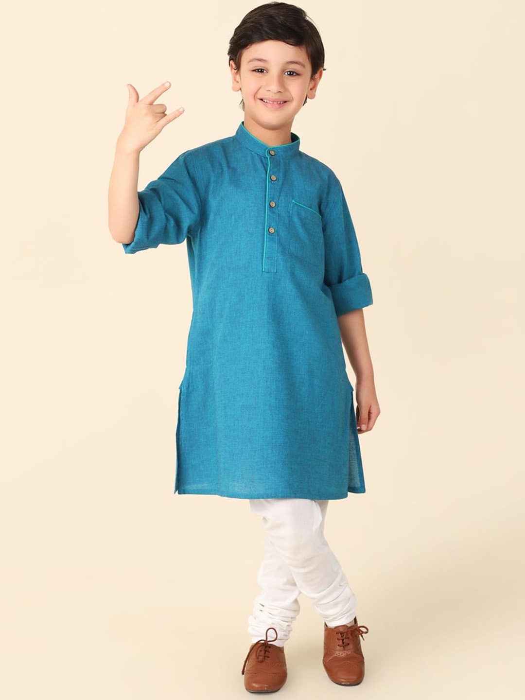 

Fabindia Boys Mandarin Collar Cotton A-Line Kurta, Teal