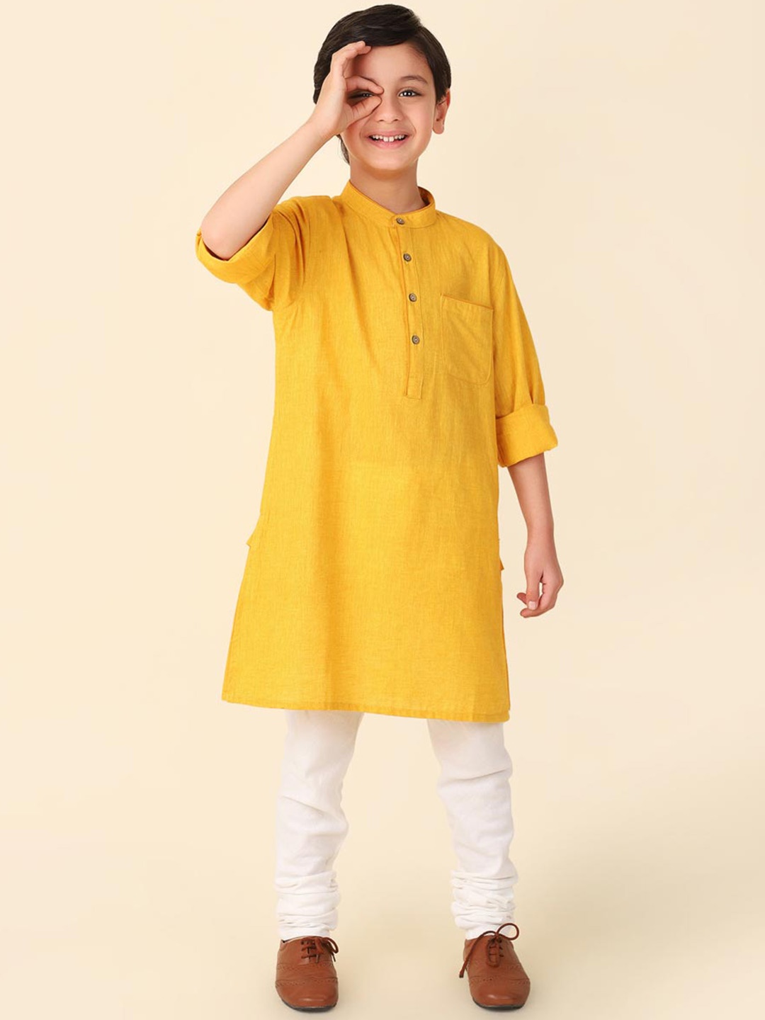 

Fabindia Boys Mandarin Collar Cotton A-Line Kurta, Mustard