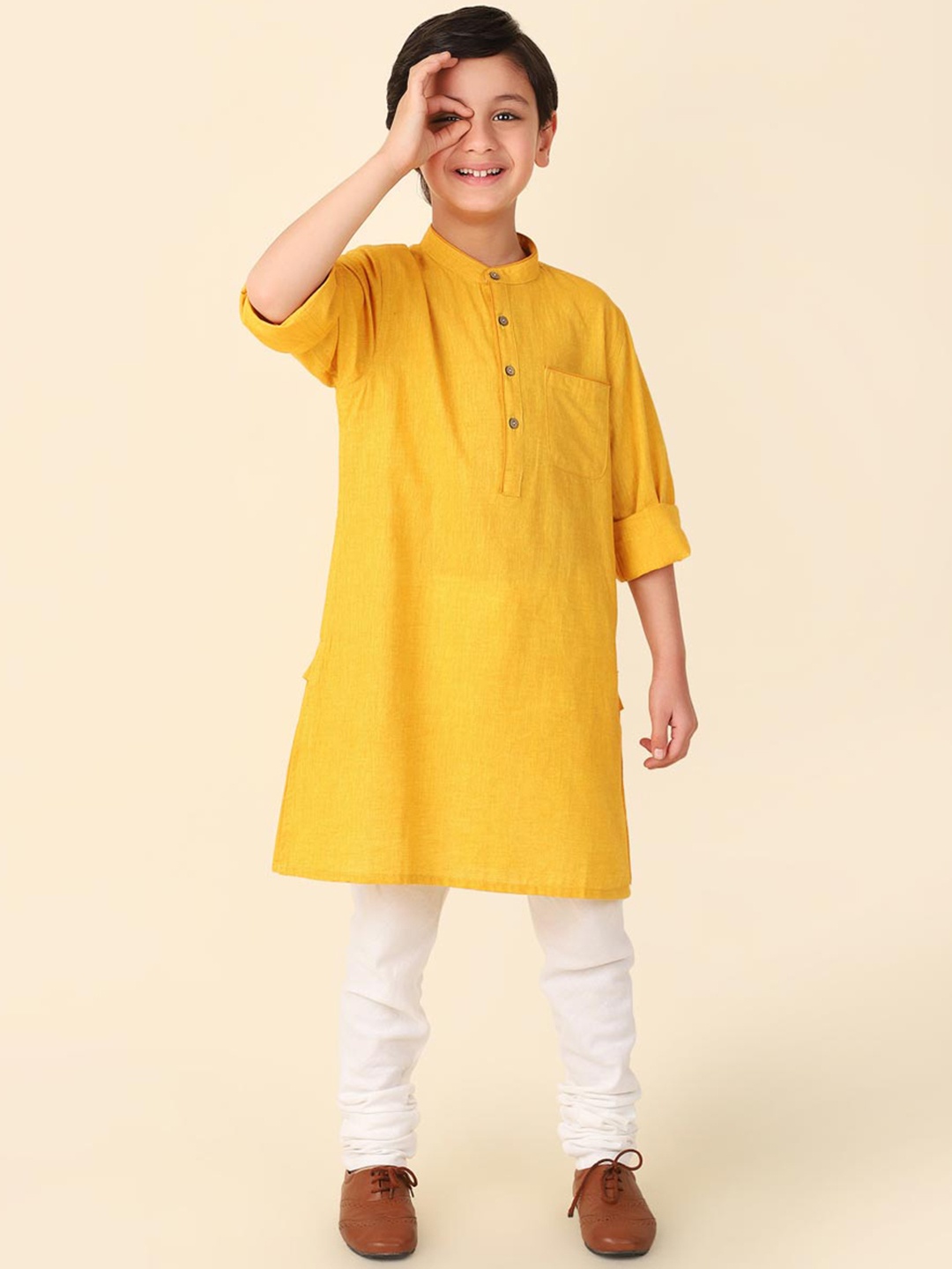 

Fabindia Boys Mandarin Collar Cotton Straight Kurta, Mustard