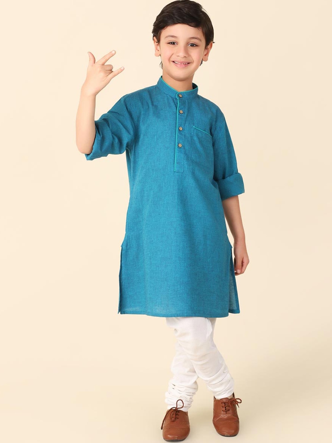 

Fabindia Boys Mandarin Collar Cotton A-Line Short Kurta, Teal