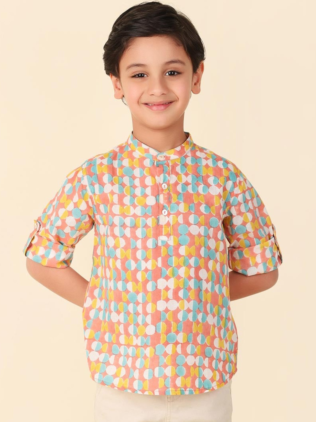 

Fabindia Boys Geometric Printed Short Kurta, Coral