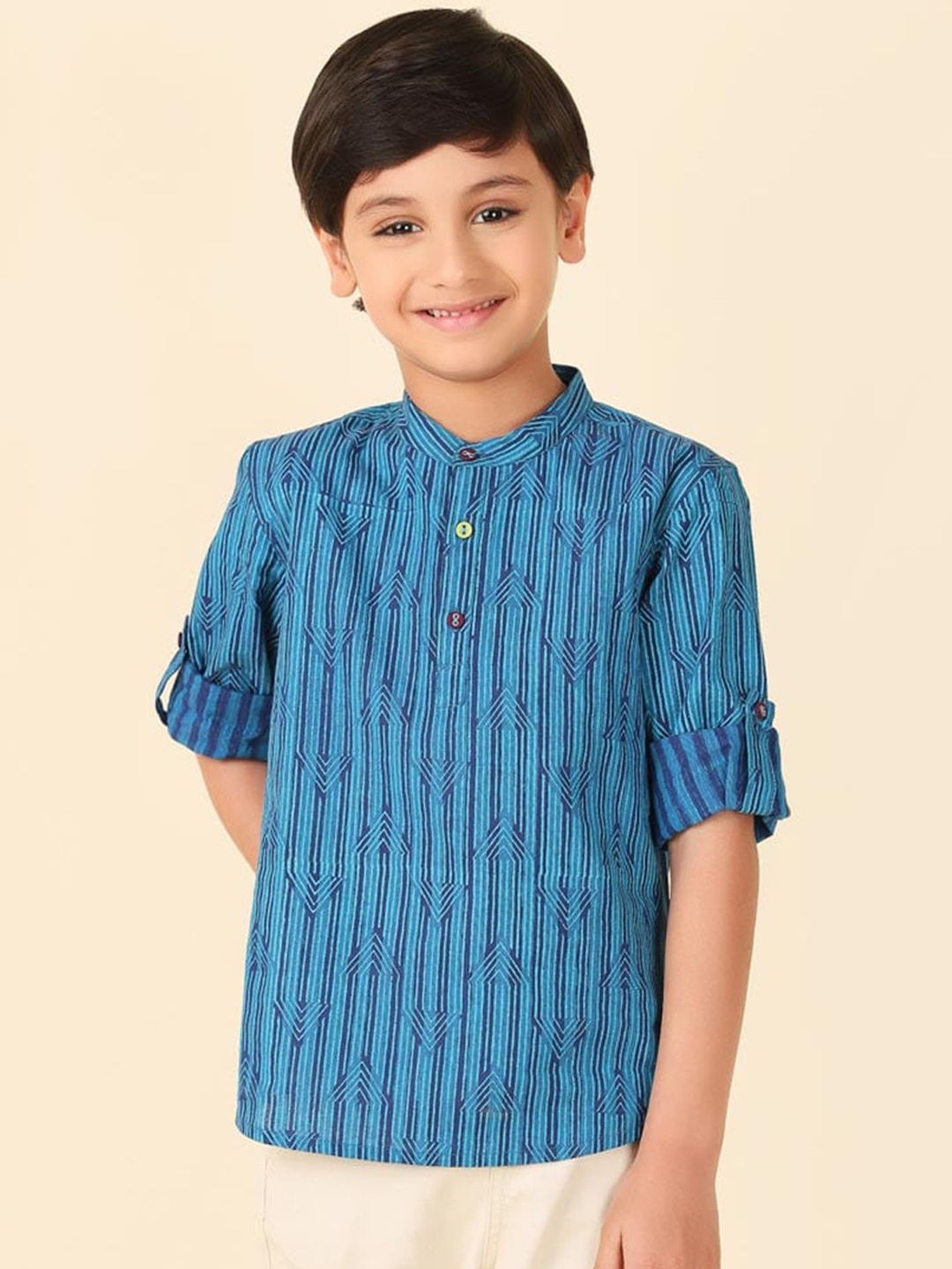 

Fabindia Boys Striped Anarkali Short Kurta, Blue