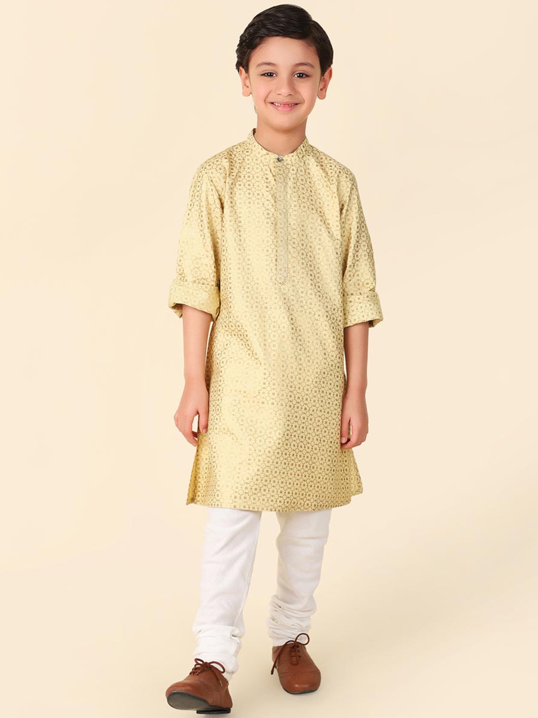 

Fabindia Boys Geometric Printed Block Print Straight Kurta, Beige