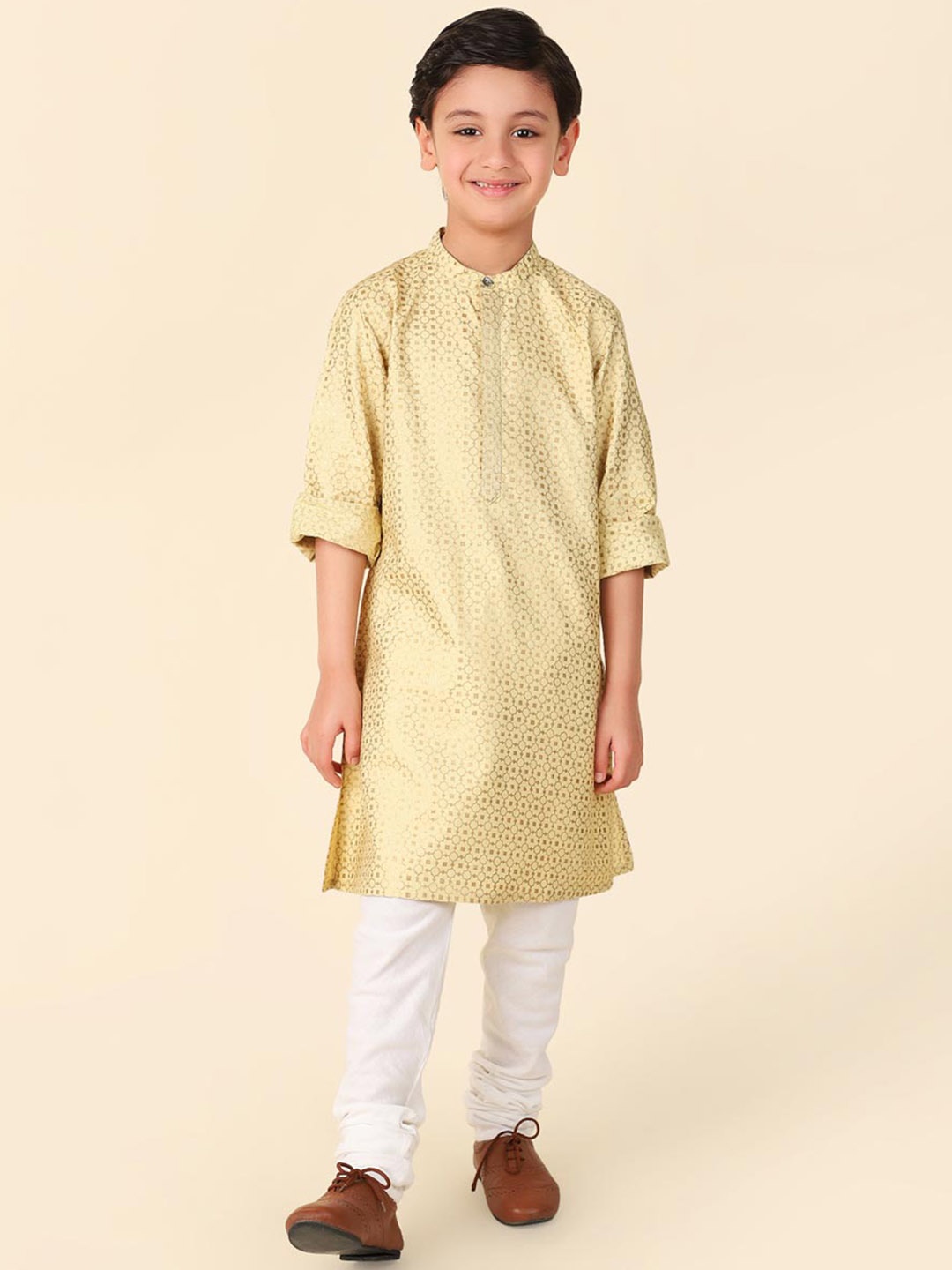 

Fabindia Boys Ethnic Motifs Printed Band Collar Straight Kurta, Beige