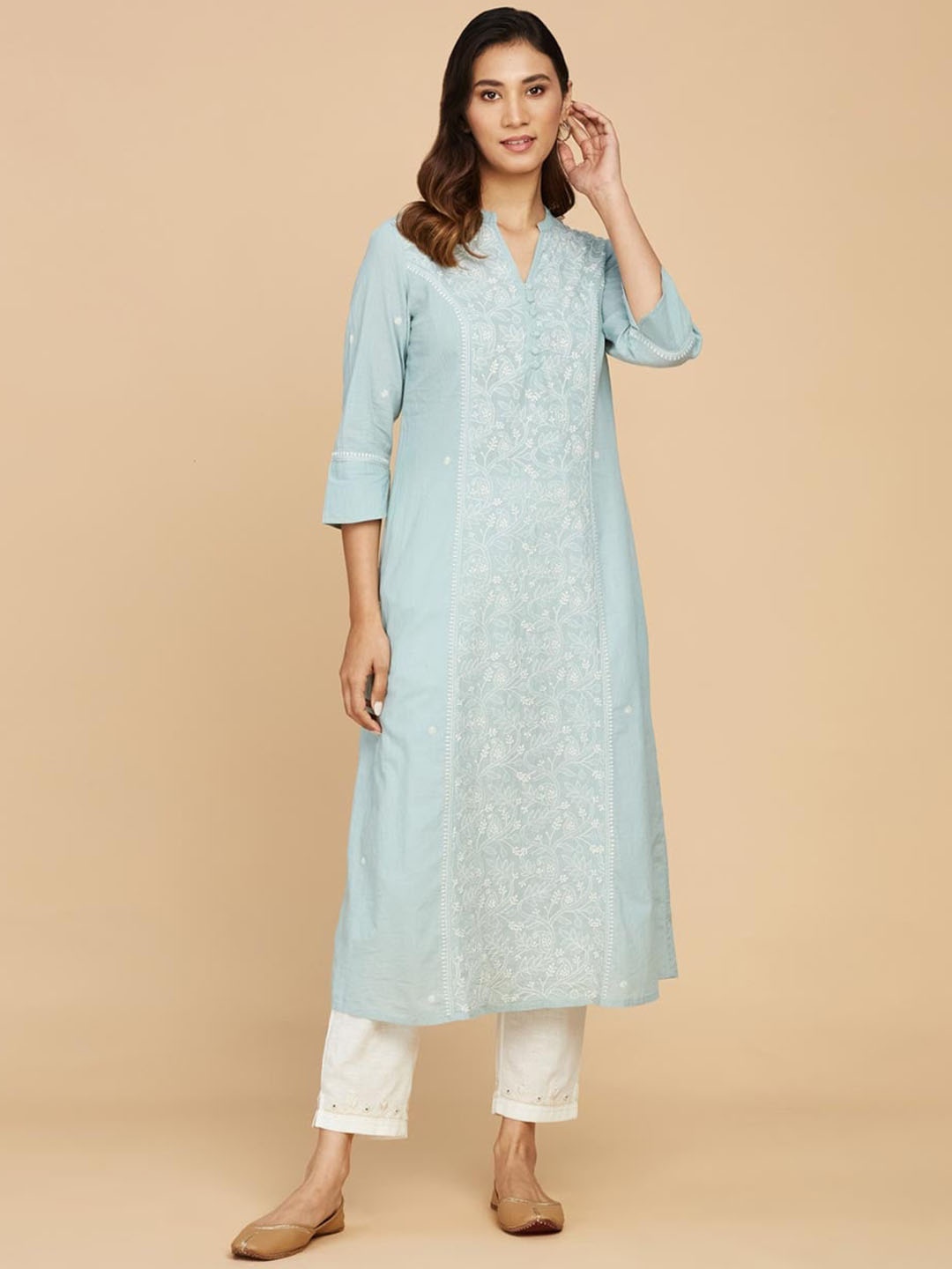 

Fabindia Floral Embroidered Cotton V-Neck Chikankari Straight Anarkali Kurta, Blue