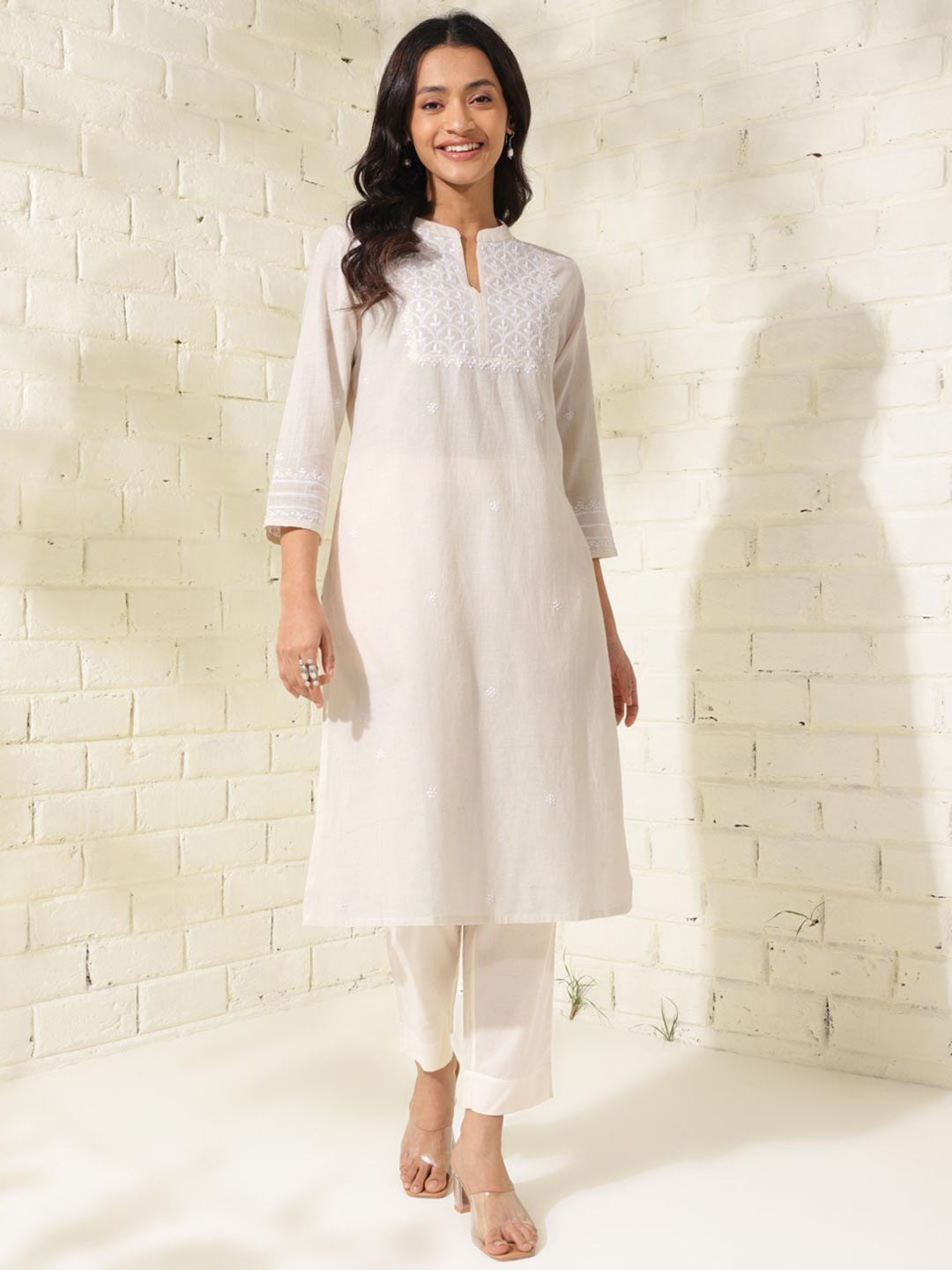 

Fabindia Floral Embroidered Cotton High-Low Pathani Kurta, Beige