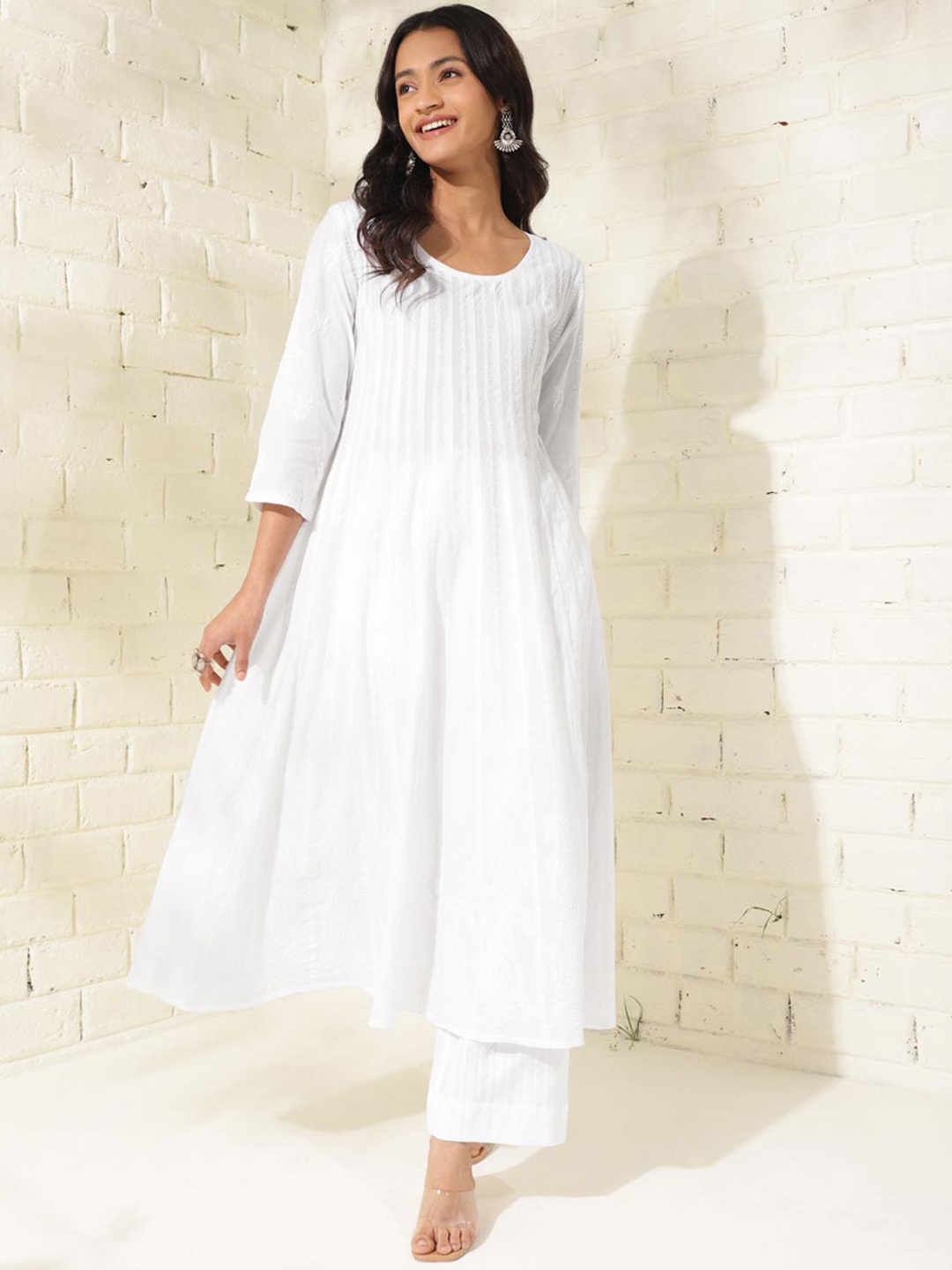 

Fabindia Striped Sequinned Pleated Cotton Anarkali Kurta, Off white