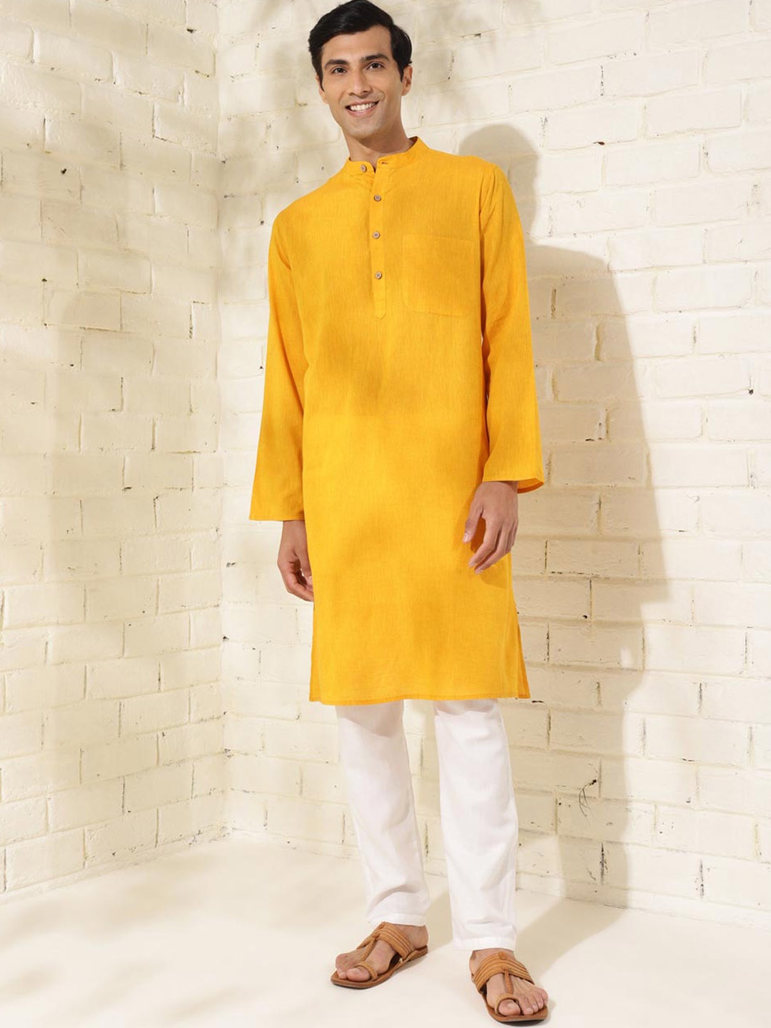 

Fabindia Mandarin Collar Cotton Straight Kurta, Yellow
