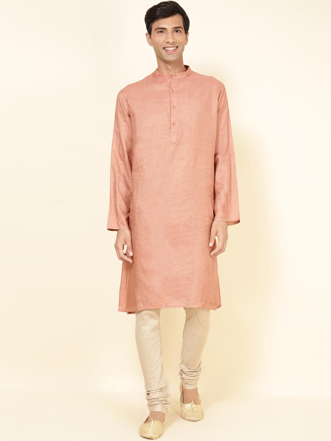 

Fabindia Band Collar Long Sleeves Straight Kurta, Peach