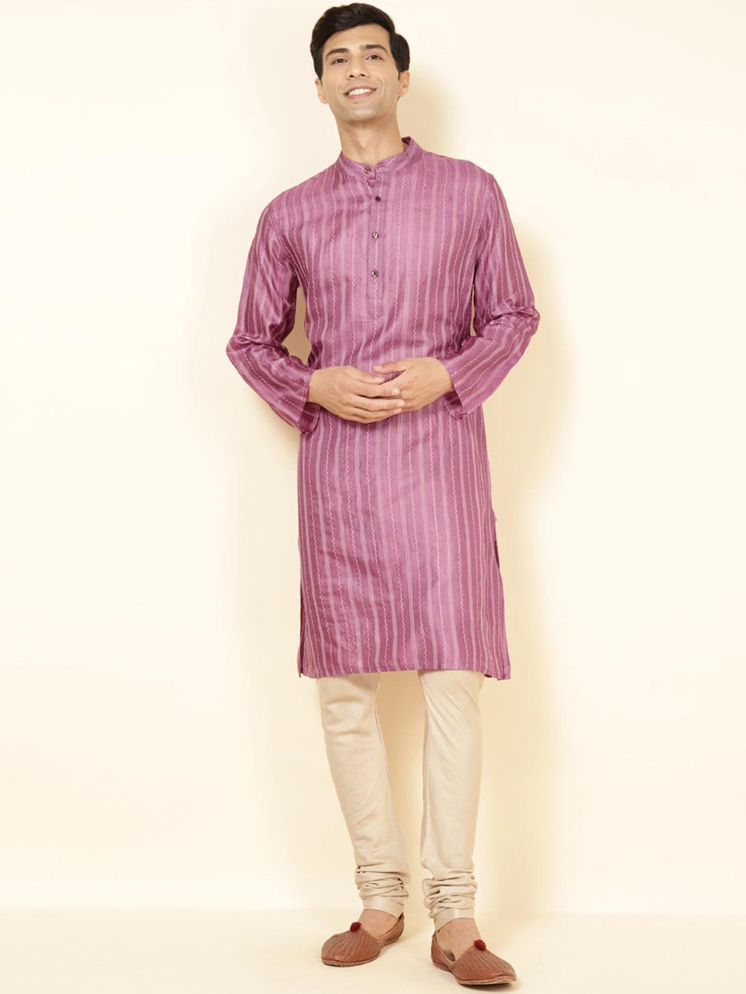 

Fabindia Striped Mandarin Collar Straight Anarkali Kurta, Lavender