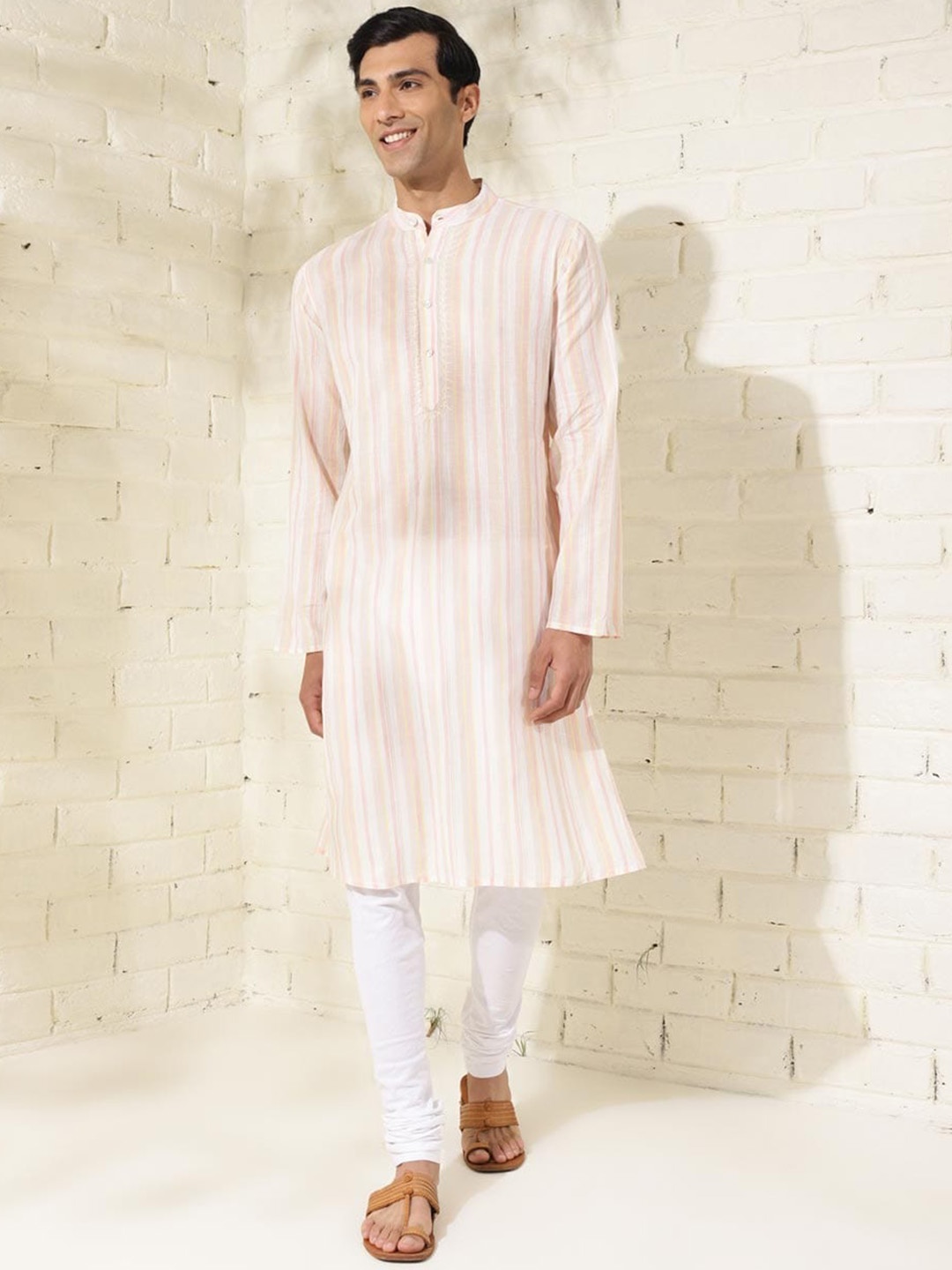 

Fabindia Striped Cotton Mandarin Collar Straight Thread Work Kurta, Pink
