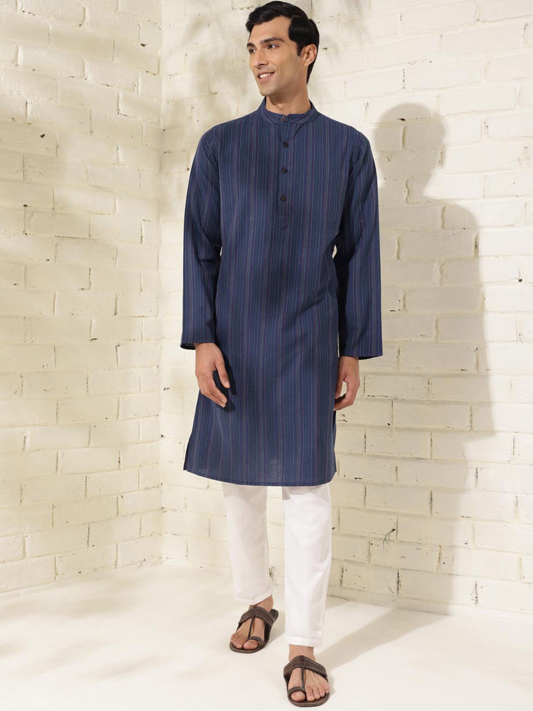 

Fabindia Striped Band Collar Long Sleeves Pure Cotton Dobby Straight Kurta, Navy blue
