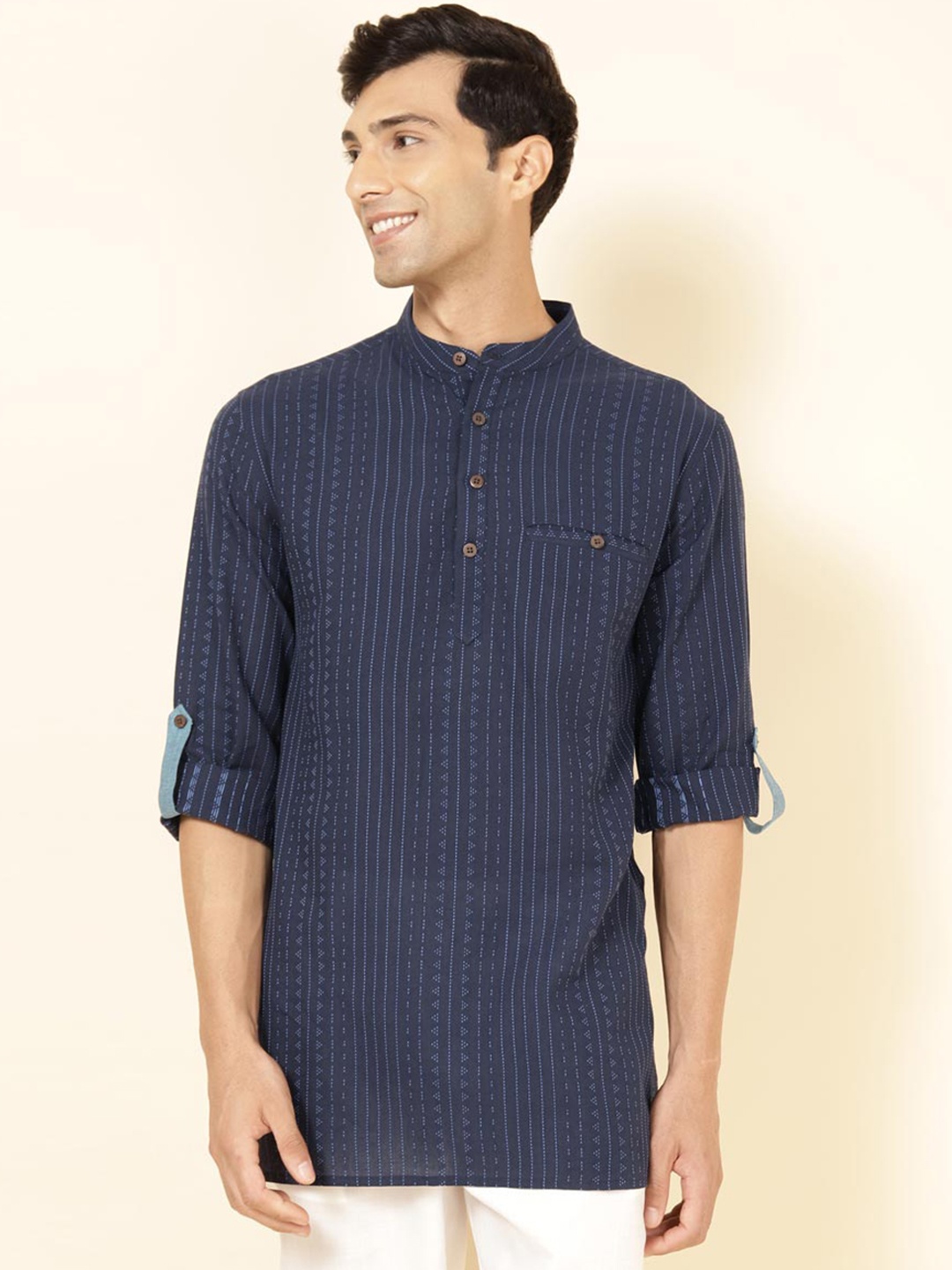 

Fabindia Striped Band Collar Roll-Up Sleeves Pure Cotton Straight Kurta, Navy blue