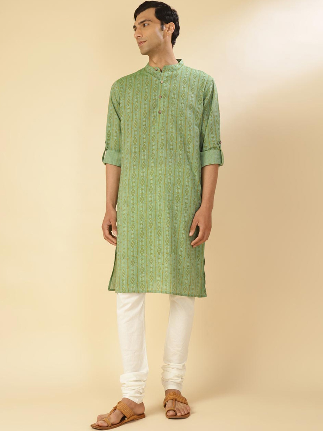 

Fabindia Geometric Printed Band Collar Pure Cotton Straight Kurta, Green