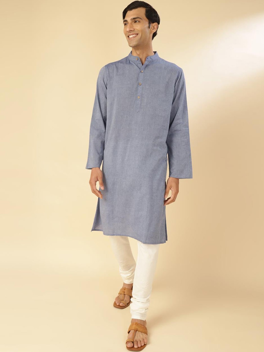 

Fabindia Band Collar Cotton Straight Kurta, Blue