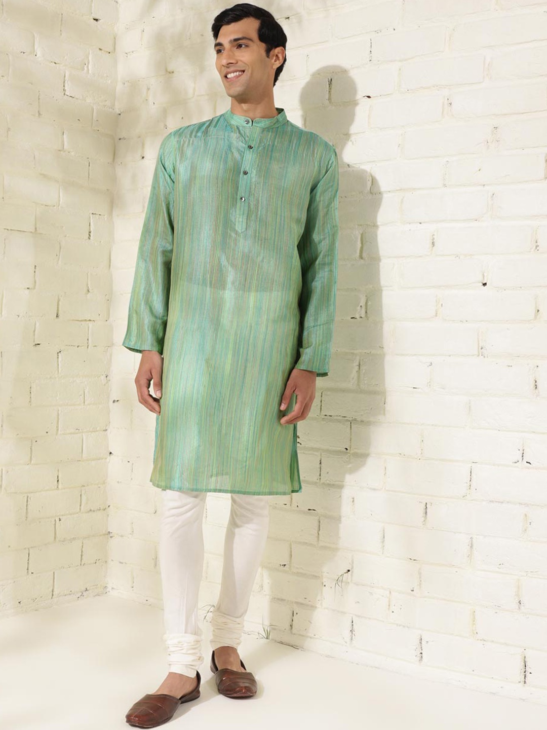 

Fabindia Striped Band Collar Long Sleeves Straight Kurta, Lime green