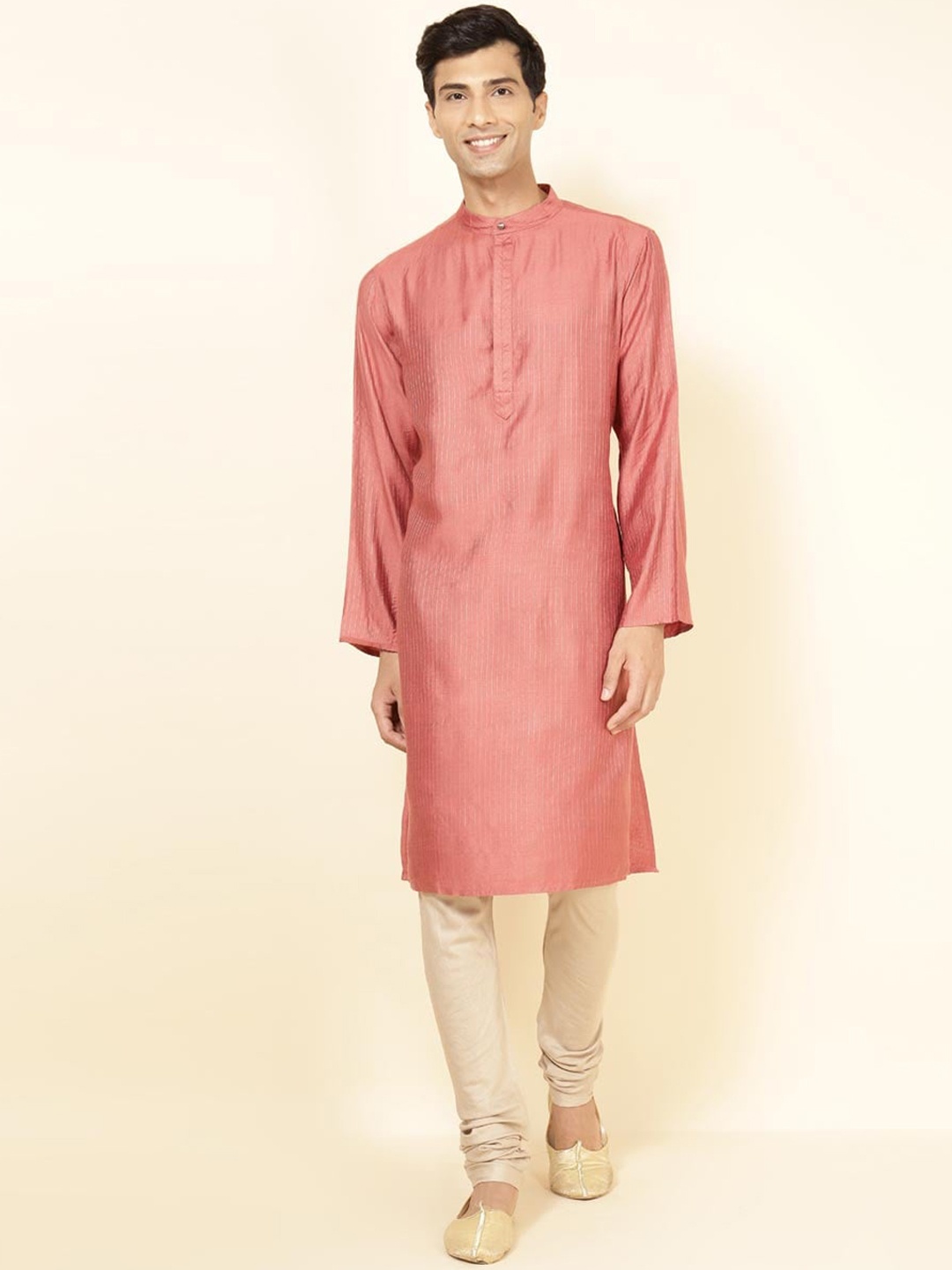 

Fabindia Striped Printed Mandarin Collar Comfort Fit Straight Kurta, Coral