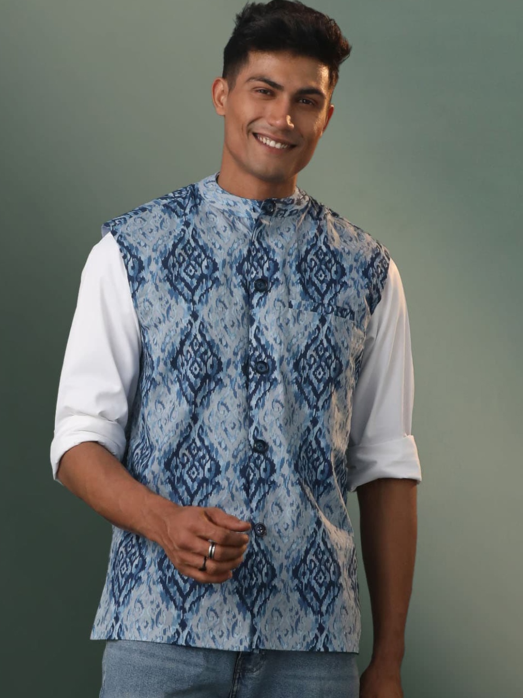 

VASTRAMAY Printed Pure Cotton Nehru Jackets, Blue