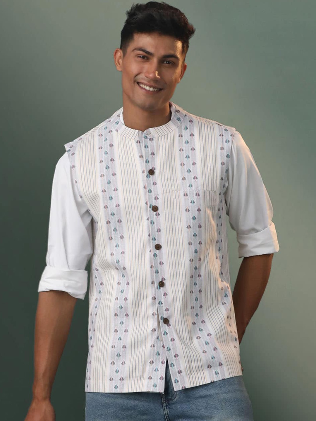 

VASTRAMAY Woven Design Pure Cotton Nehru Jacket, White