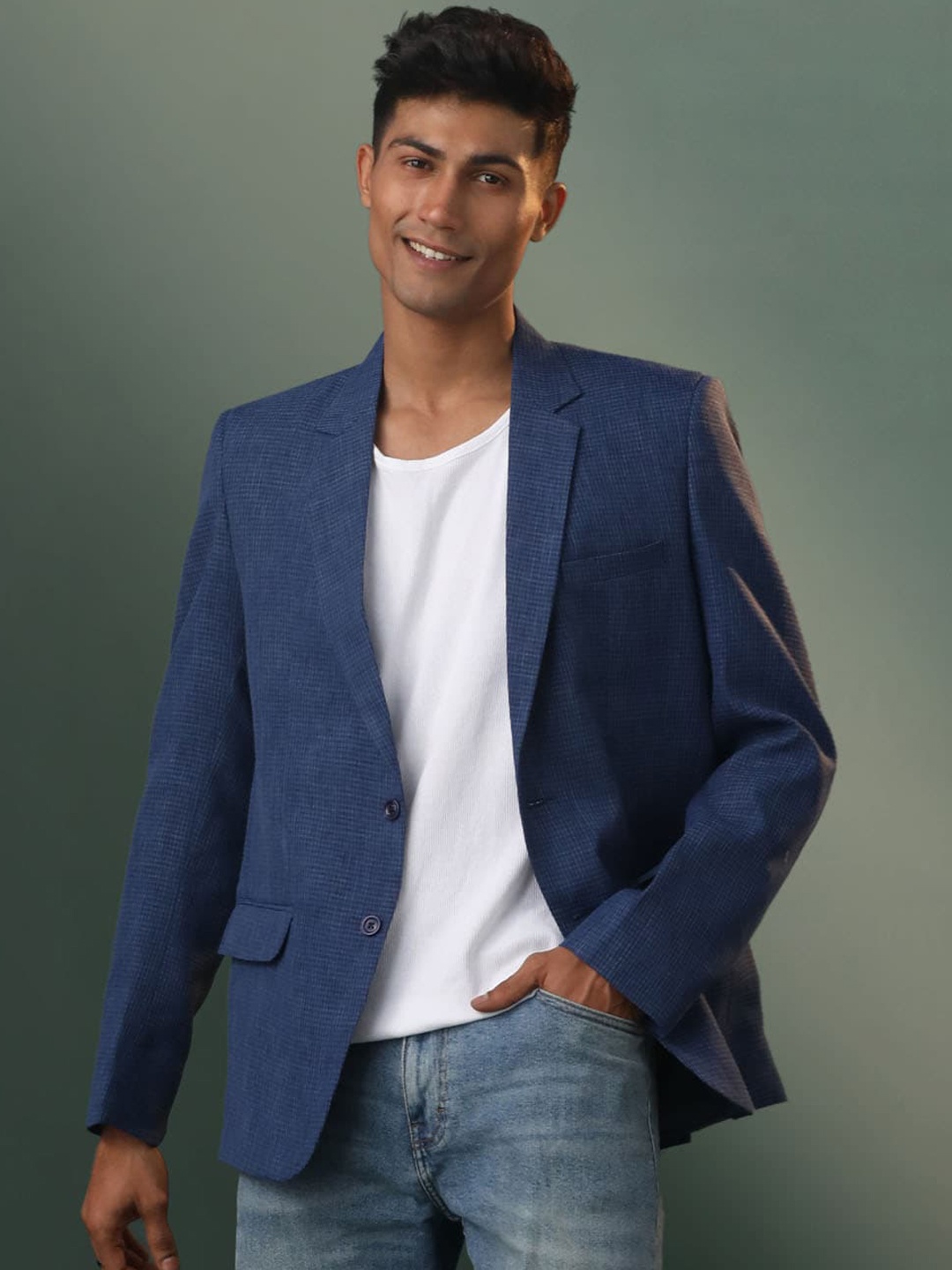 

VASTRAMAY Checked Slim-Fit Single-Breasted Casual Blazer, Blue