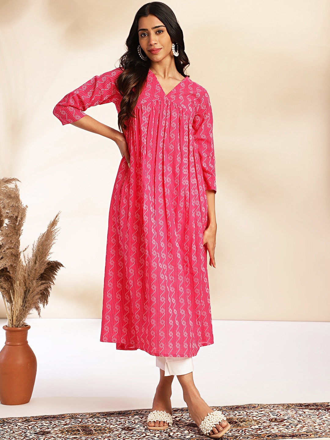

KALINI Cotton Woven Design Gathered Kurta, Pink