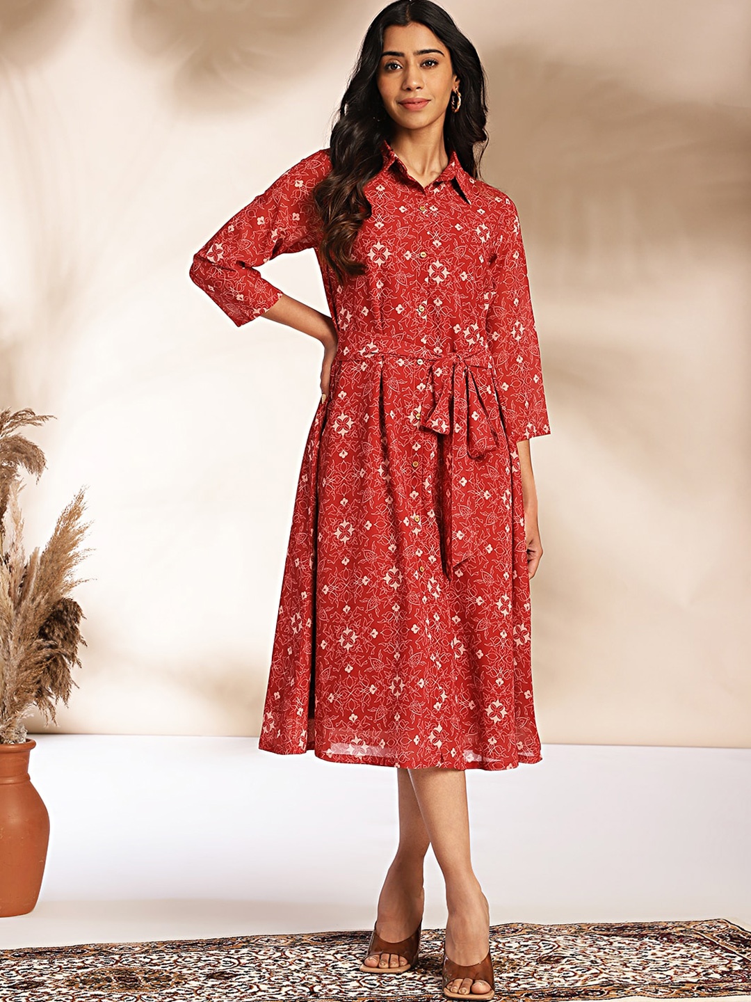 

KALINI Floral Printed Shirt Collar Three-Quarter Sleeves A-Line Dress, Maroon