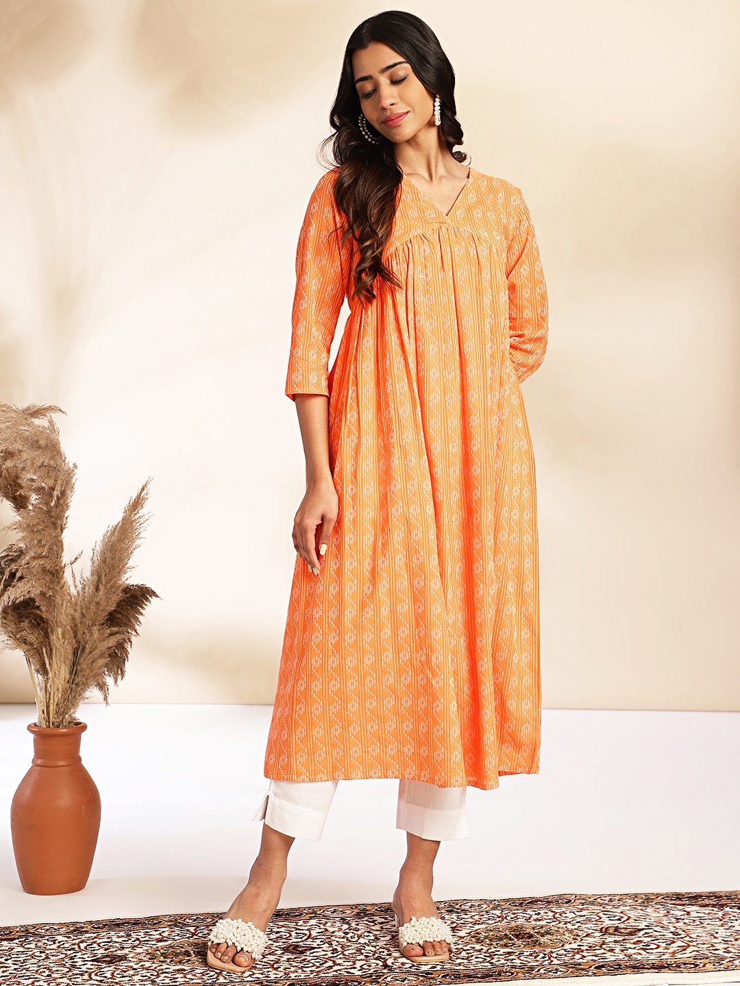 

KALINI Women Ethnic Motifs Printed Thread Work Anarkali Kurta, Orange