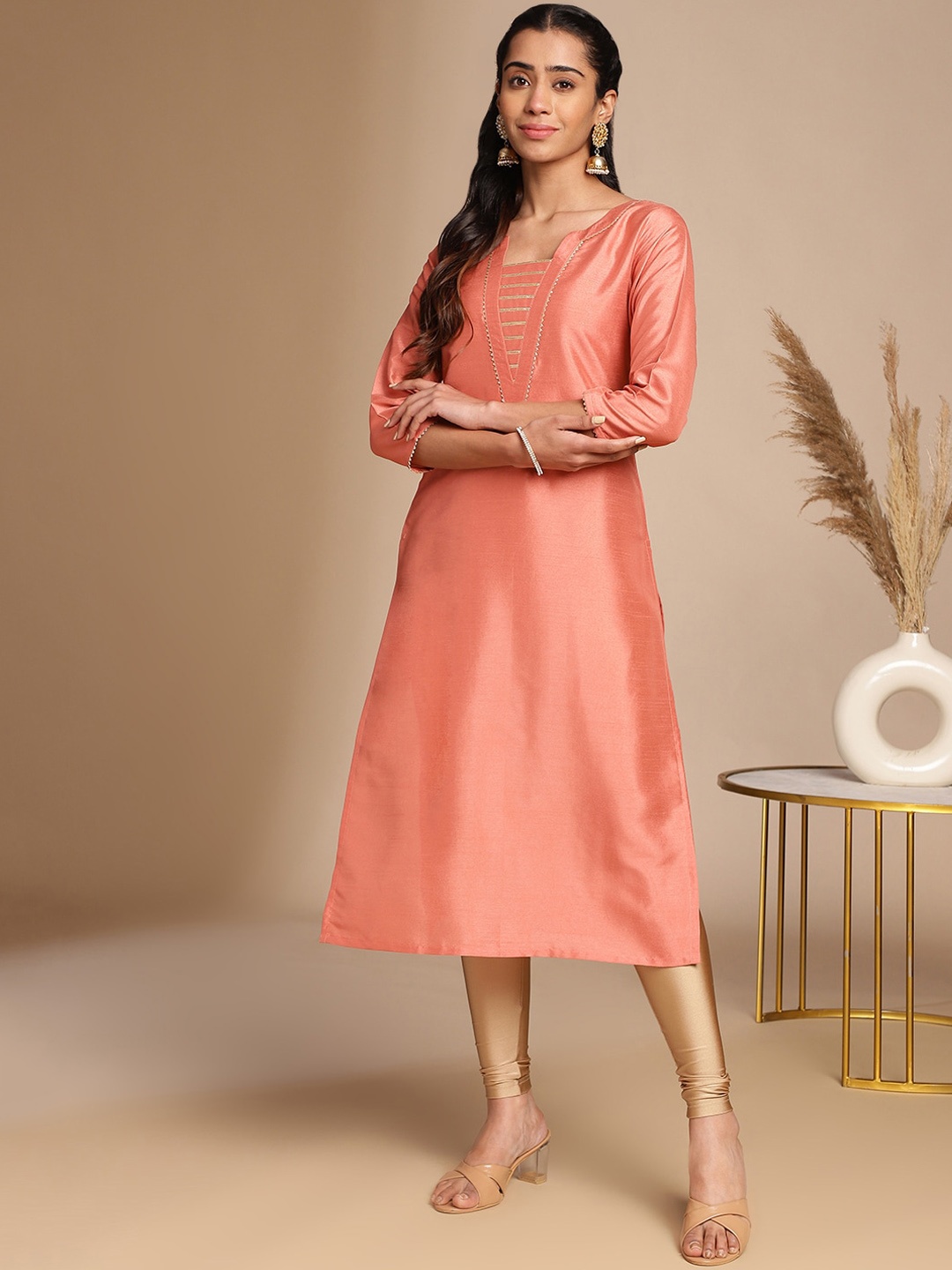 

KALINI Crepe Silk Solid Straight Kurta, Peach