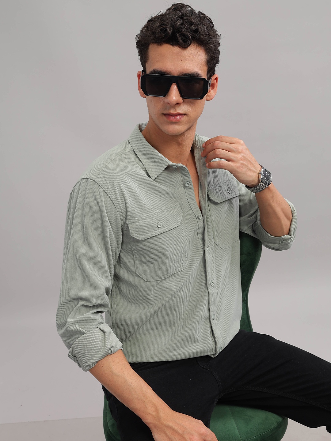 

HERE&NOW Spread Collar Long Sleeves Casual Shirt, Grey