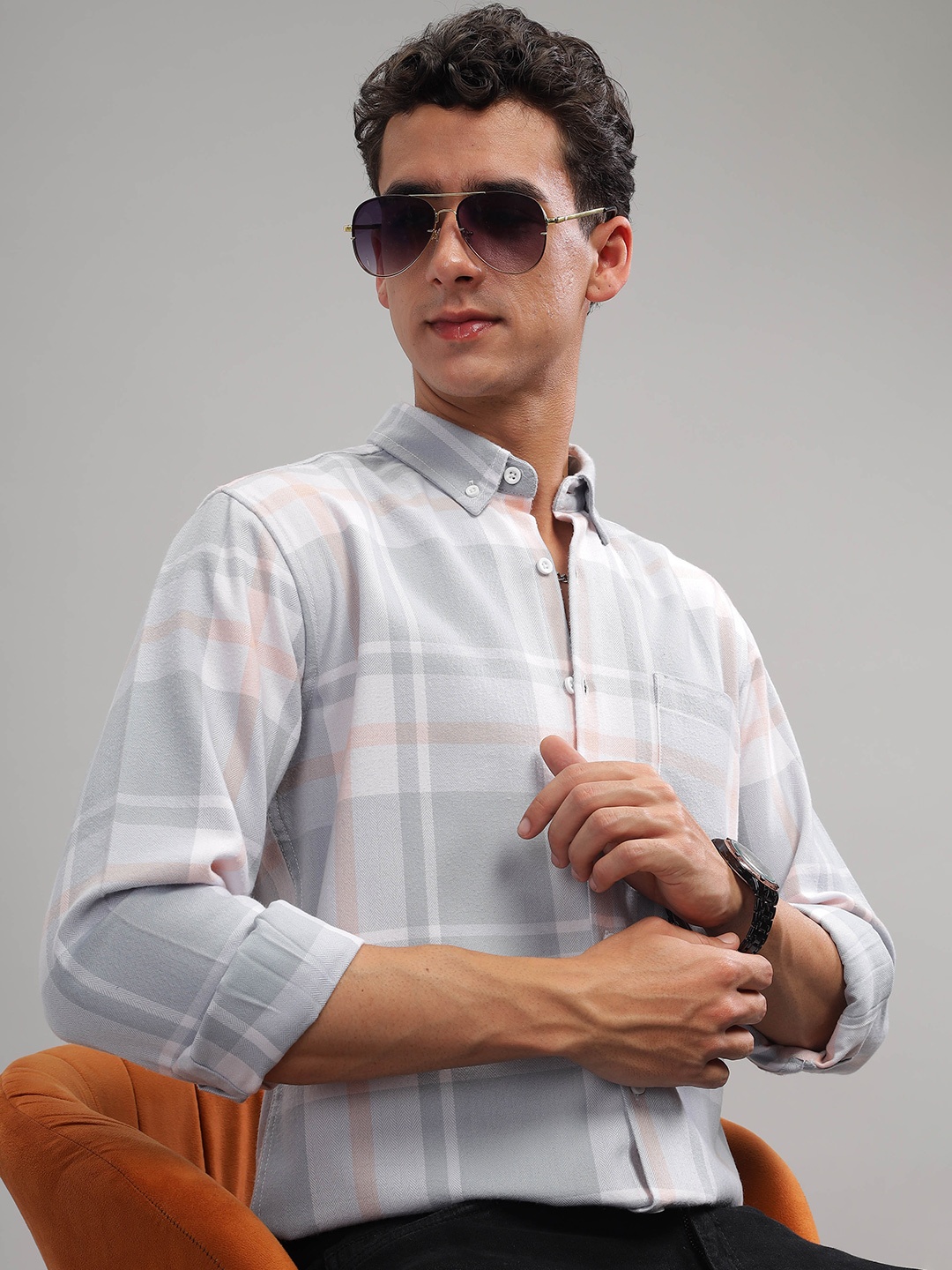 

HERE&NOW Slim Fit Tartan Checks Button-Down Collar Long Sleeves Cotton Casual Shirt, Grey