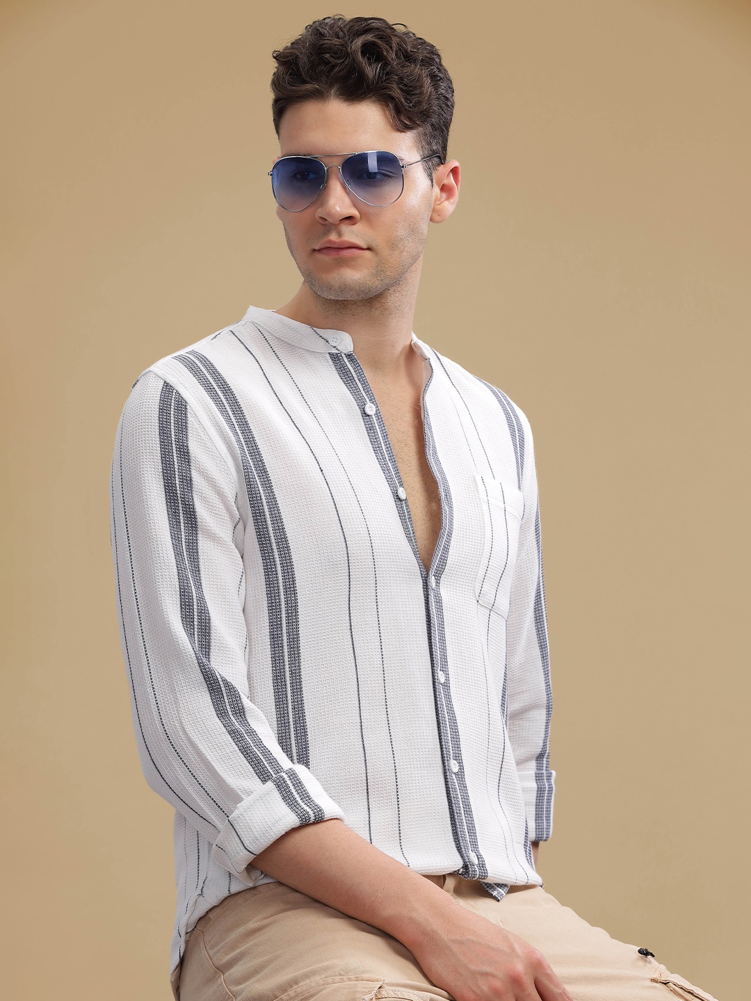 

HERE&NOW White Striped Cotton Mandarin Collar Curved Slim Fit Casual Shirt