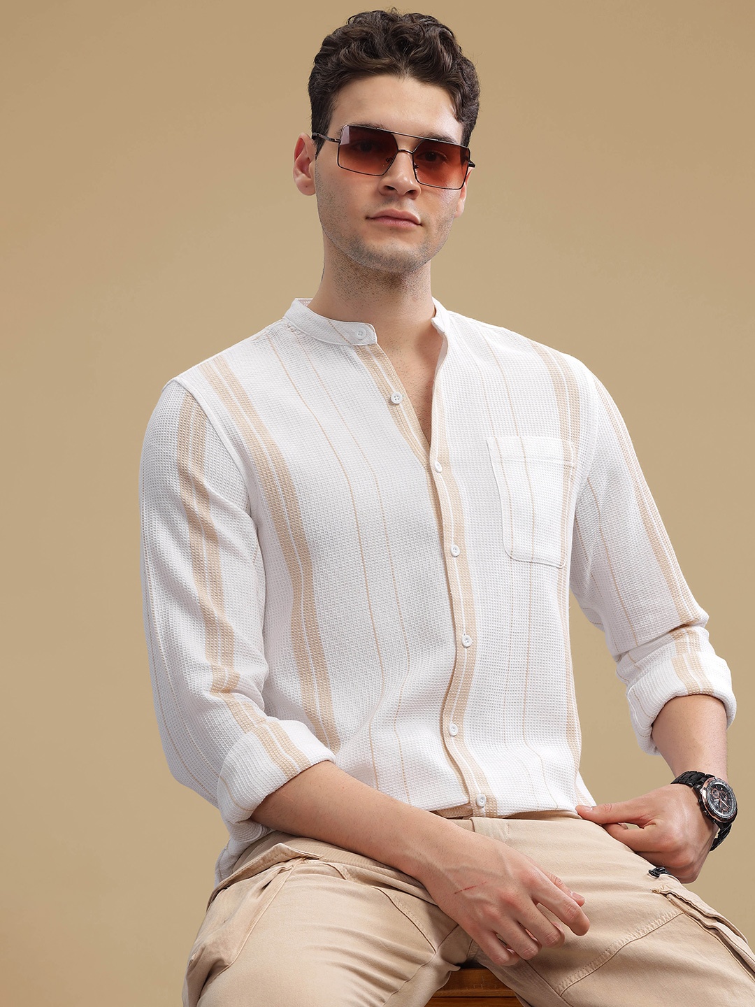 

HERE&NOW Slim Fit Striped Mandarin Collar Cotton Casual Shirt, Beige